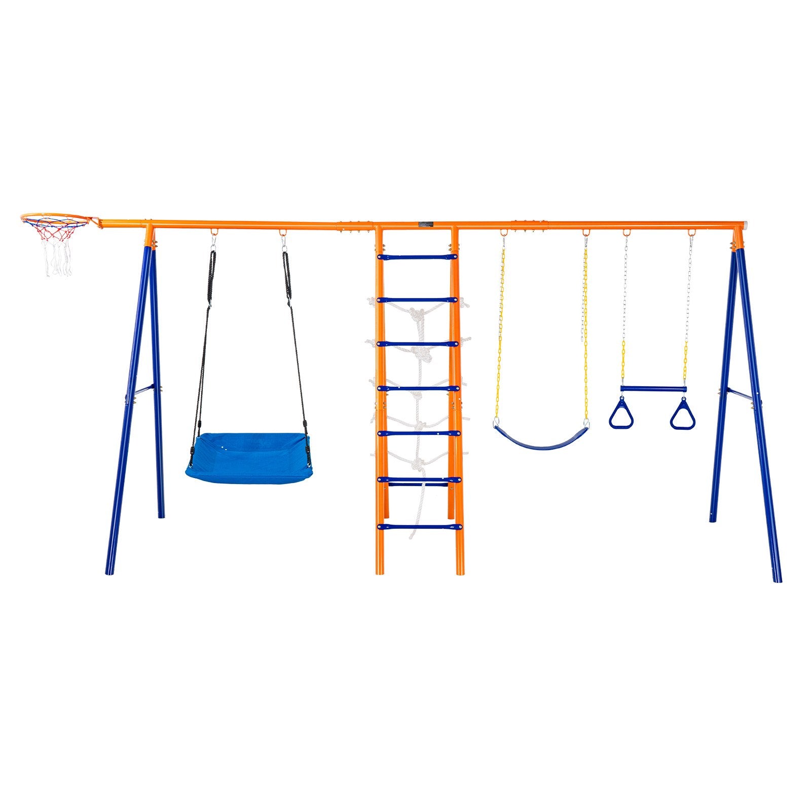 6-in-1 Heavy-Duty Metal Swing Set for Backyard Fun - Includes Swings, Trapeze Bar, Climbing Features, Basketball Hoop - 440lbs Capacity for Kids 3+