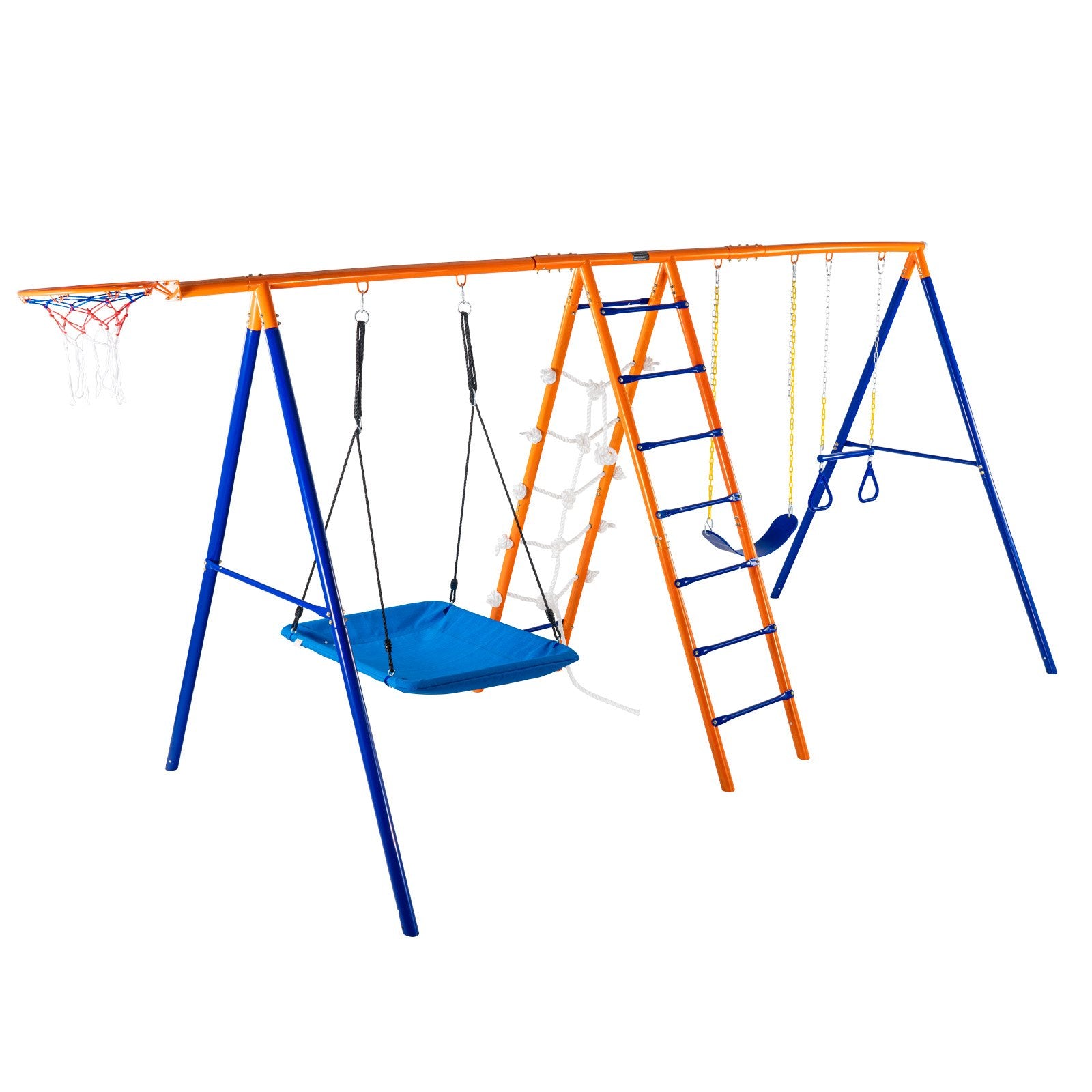 6-in-1 Heavy-Duty Metal Swing Set for Backyard Fun - Includes Swings, Trapeze Bar, Climbing Features, Basketball Hoop - 440lbs Capacity for Kids 3+