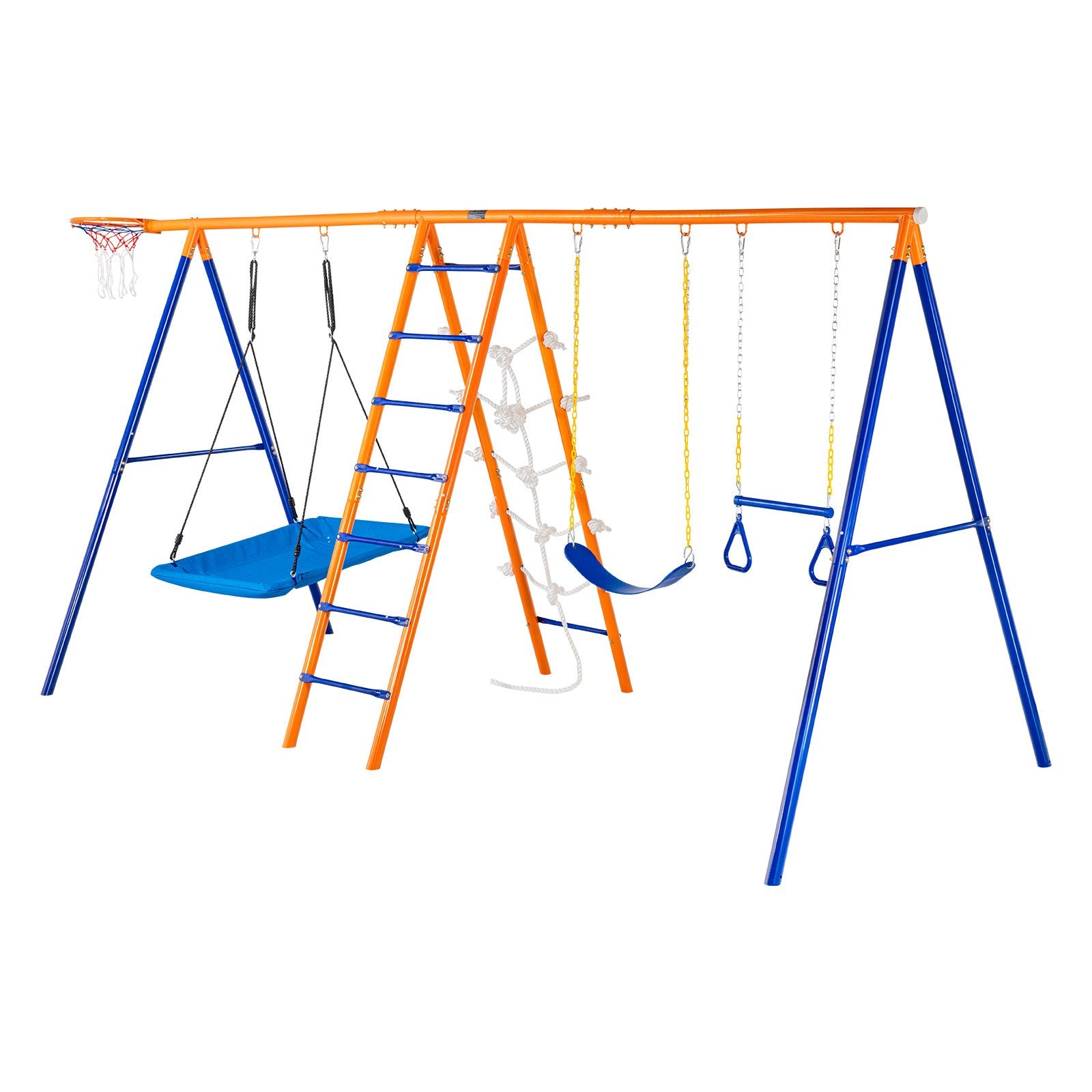 6-in-1 Heavy-Duty Metal Swing Set for Backyard Fun - Includes Swings, Trapeze Bar, Climbing Features, Basketball Hoop - 440lbs Capacity for Kids 3+