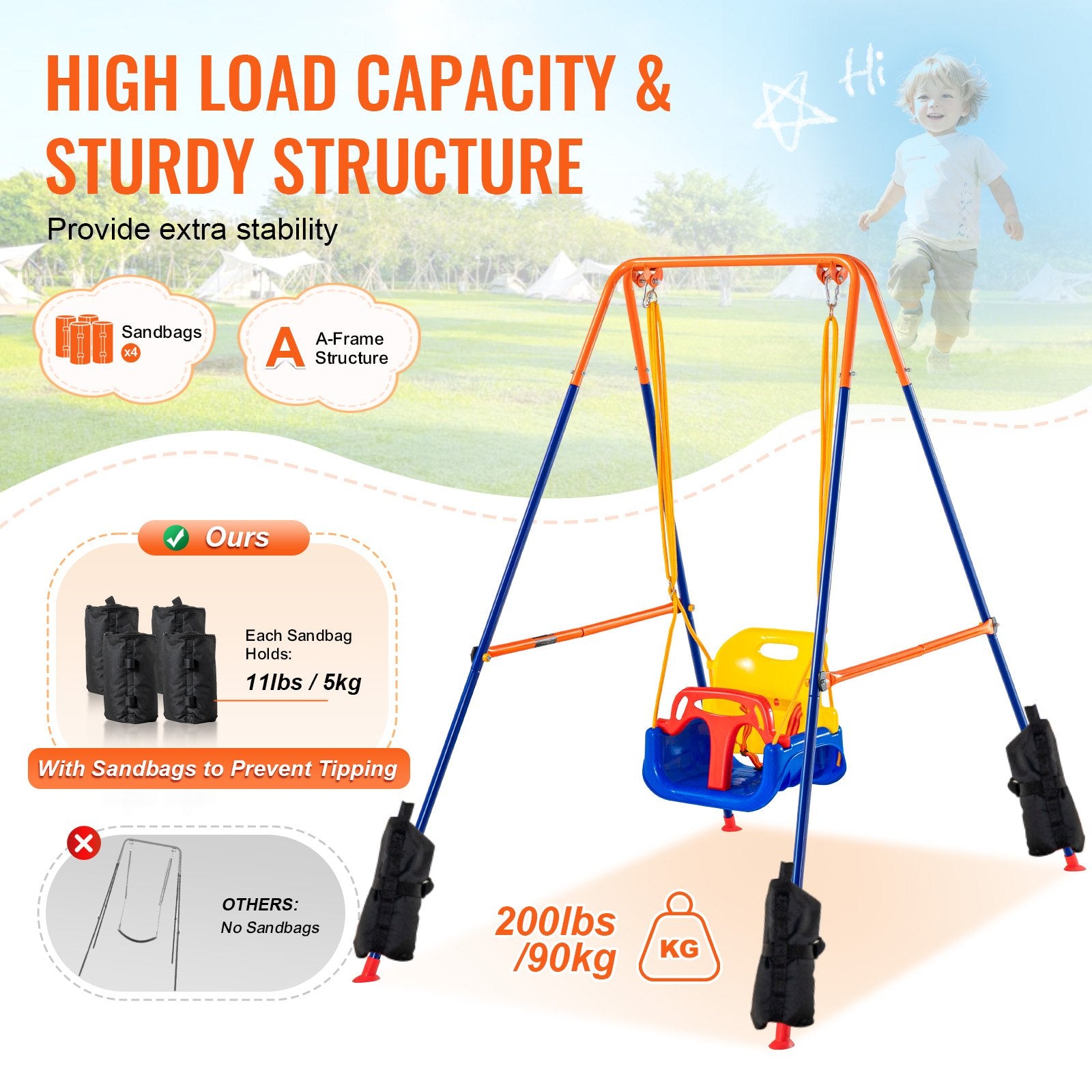 3-in-1 Kids Swing Set for Backyard with Foldable Metal Stand, Sandbags & Easy Assembly - Indoor/Outdoor Fun for Ages 3+