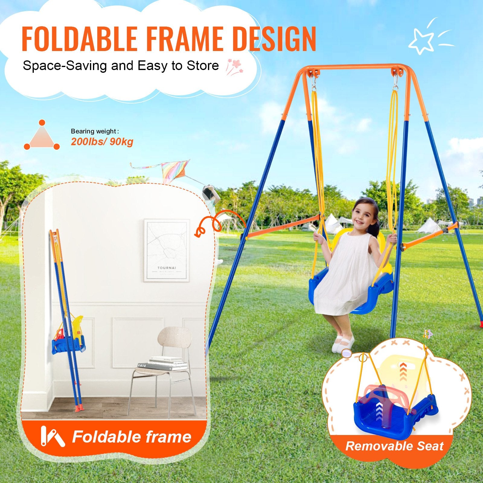 3-in-1 Kids Swing Set for Backyard with Foldable Metal Stand, Sandbags & Easy Assembly - Indoor/Outdoor Fun for Ages 3+