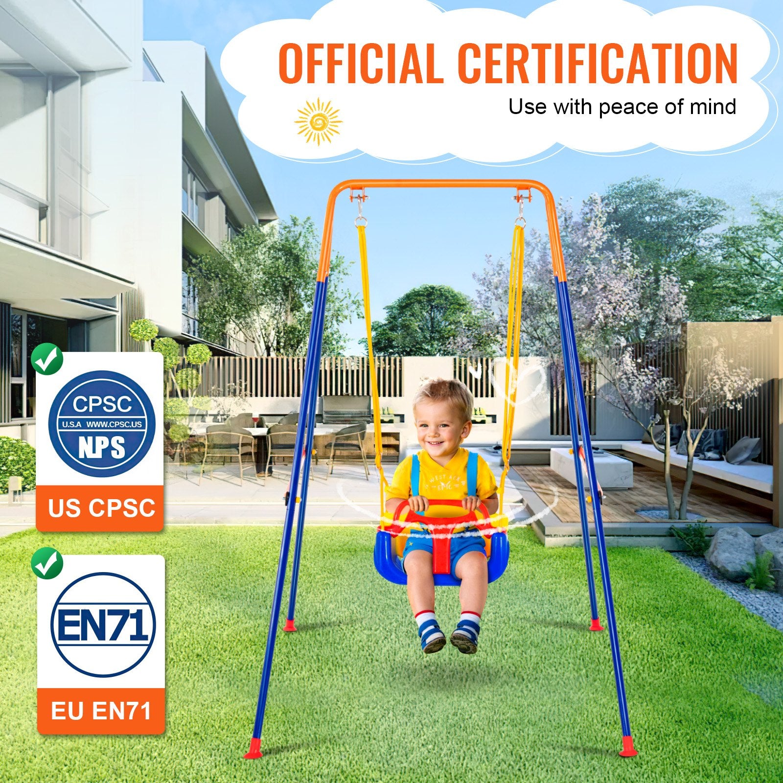 3-in-1 Kids Swing Set for Backyard with Foldable Metal Stand, Sandbags & Easy Assembly - Indoor/Outdoor Fun for Ages 3+