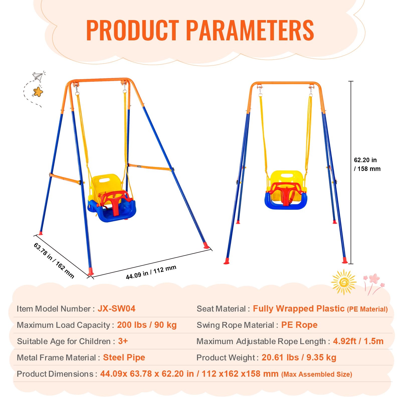 3-in-1 Kids Swing Set for Backyard with Foldable Metal Stand, Sandbags & Easy Assembly - Indoor/Outdoor Fun for Ages 3+