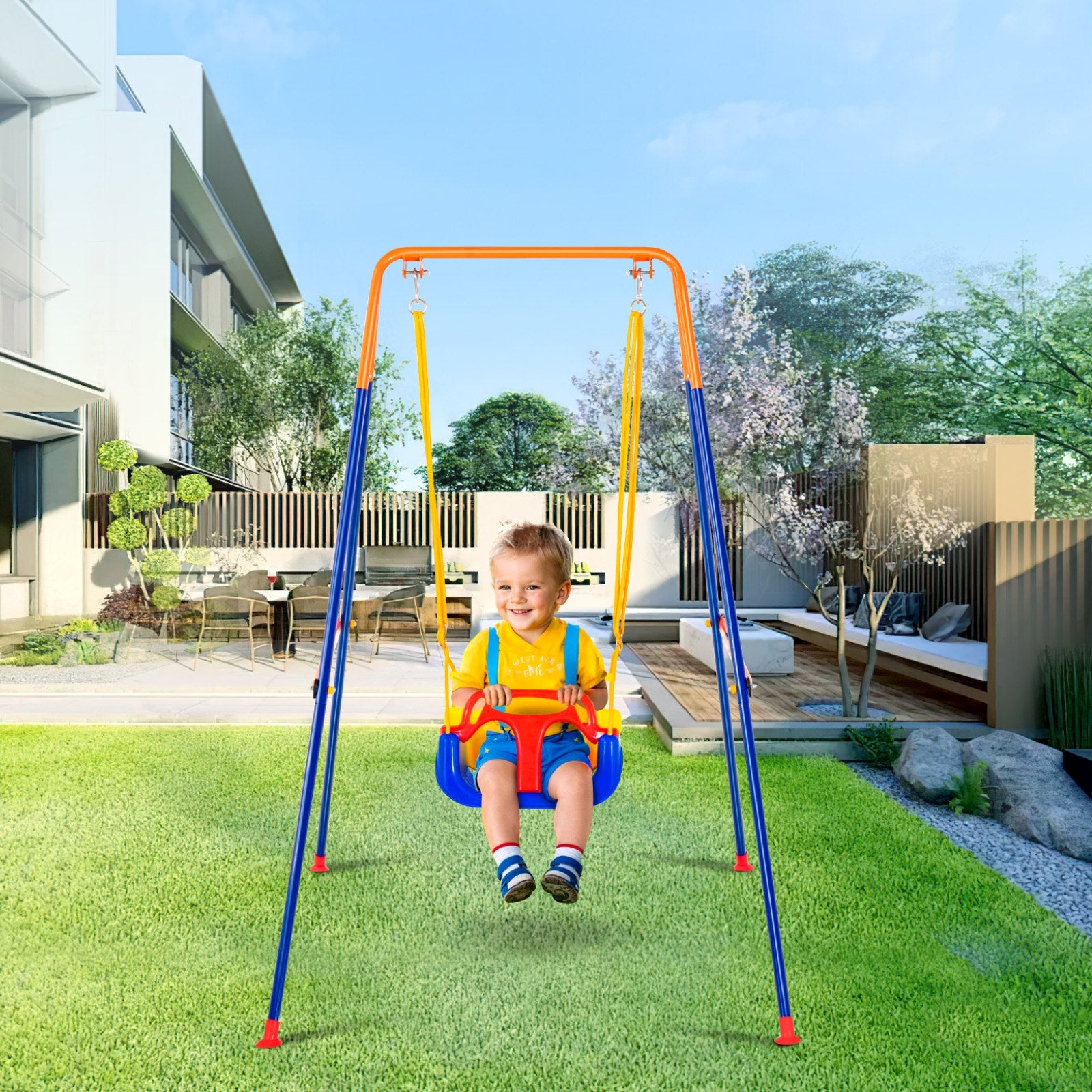 3-in-1 Kids Swing Set for Backyard with Foldable Metal Stand, Sandbags & Easy Assembly - Indoor/Outdoor Fun for Ages 3+