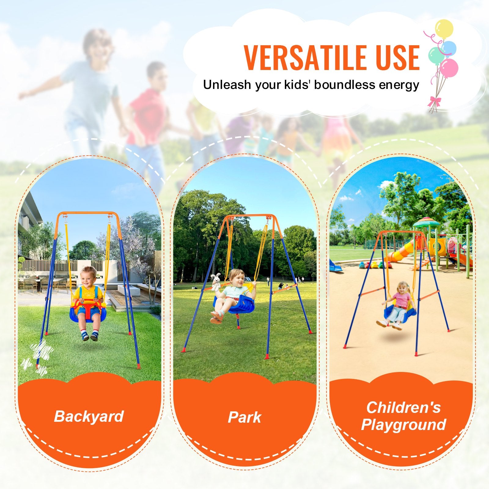 3-in-1 Kids Swing Set for Backyard with Foldable Metal Stand, Sandbags & Easy Assembly - Indoor/Outdoor Fun for Ages 3+