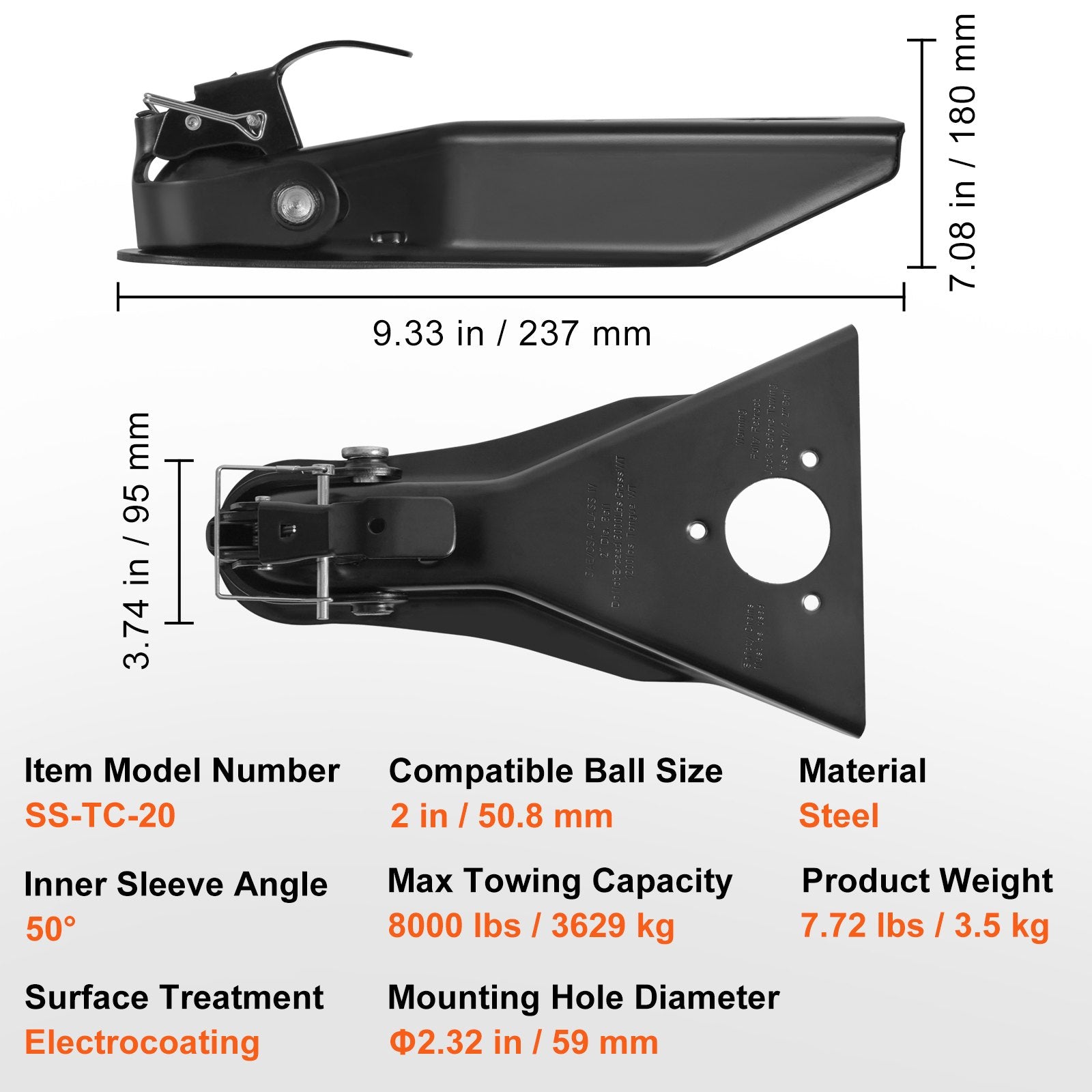 Heavy Duty Steel A-Frame Trailer Coupler for 2-Inch Hitch Ball, 8000 lbs Towing Capacity, Ideal for SUVs, Campers, Pickup Trucks, Black Coated