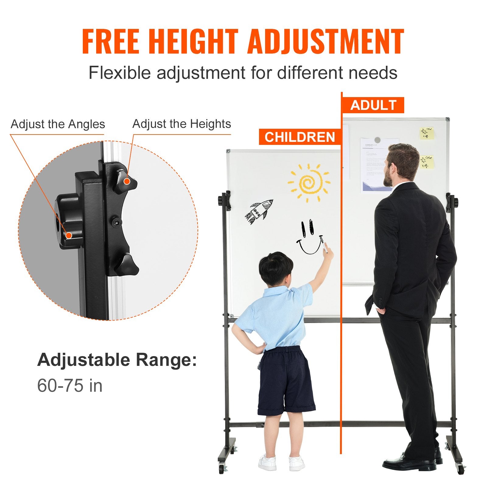Rolling Magnetic Whiteboard, 48x32" Double-Sided & Reversible, Height Adjustable Dry Erase Board with Wheels for Office, School, Home Use