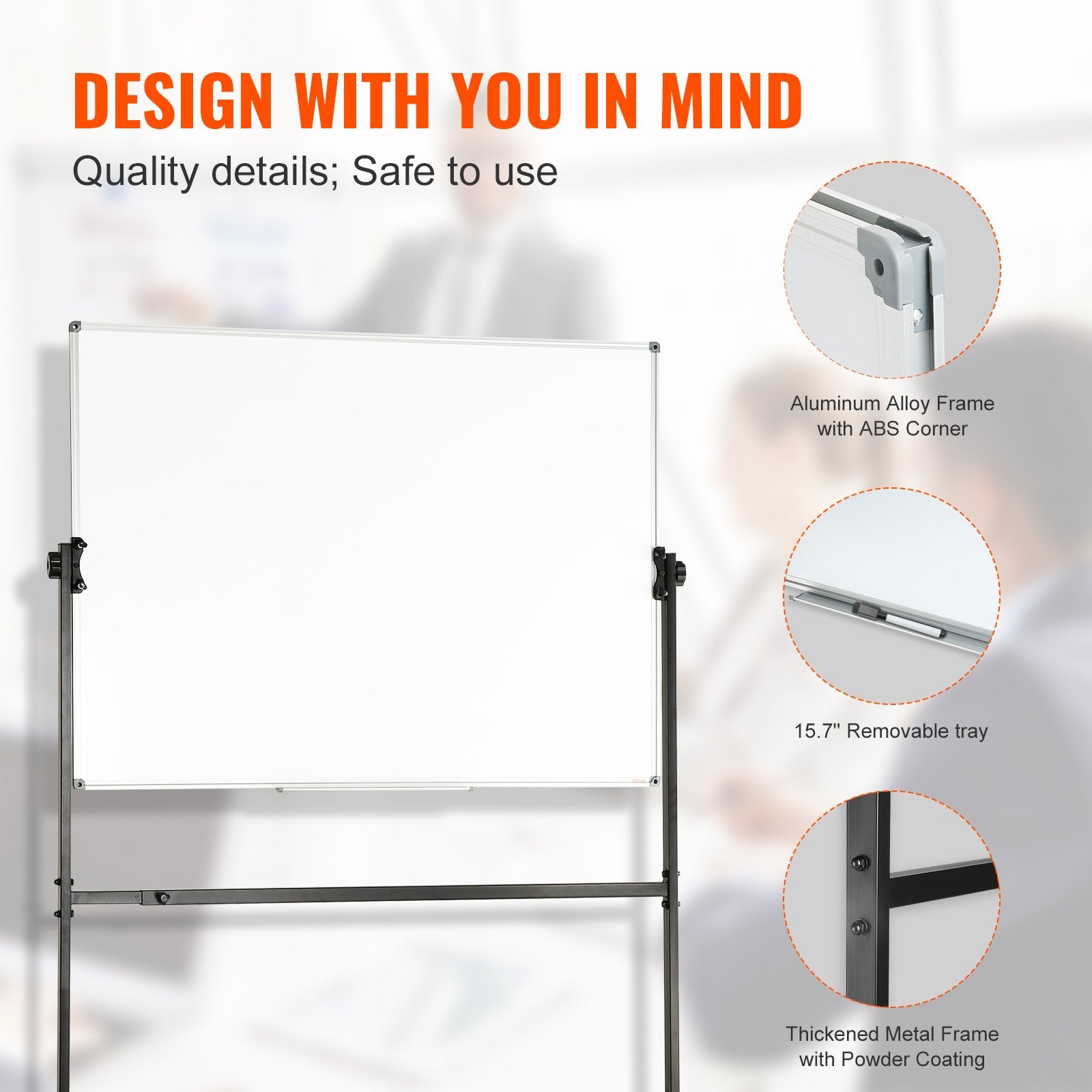 Rolling Magnetic Whiteboard, 48x32" Double-Sided & Reversible, Height Adjustable Dry Erase Board with Wheels for Office, School, Home Use