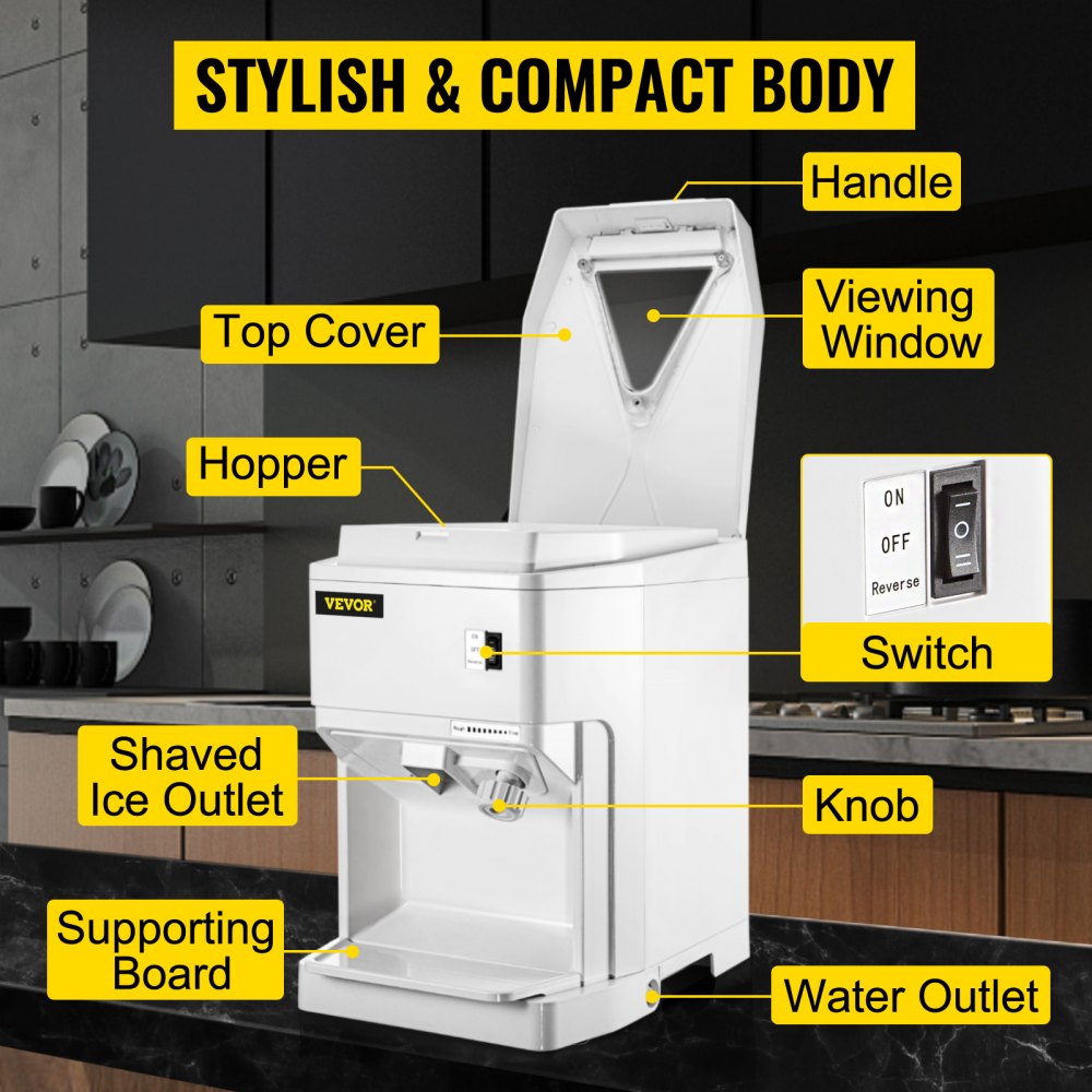 VEVOR Ice Shaver Machine Electric, Shaved Ice Machine Commercial 265 LBS/H, Snow Cone Maker w/ Ice Hopper & Lid, 250W Ice Crusher w/ Drain Pipe Tabletop Shaved Ice Maker w/ Adjustable Fineness White