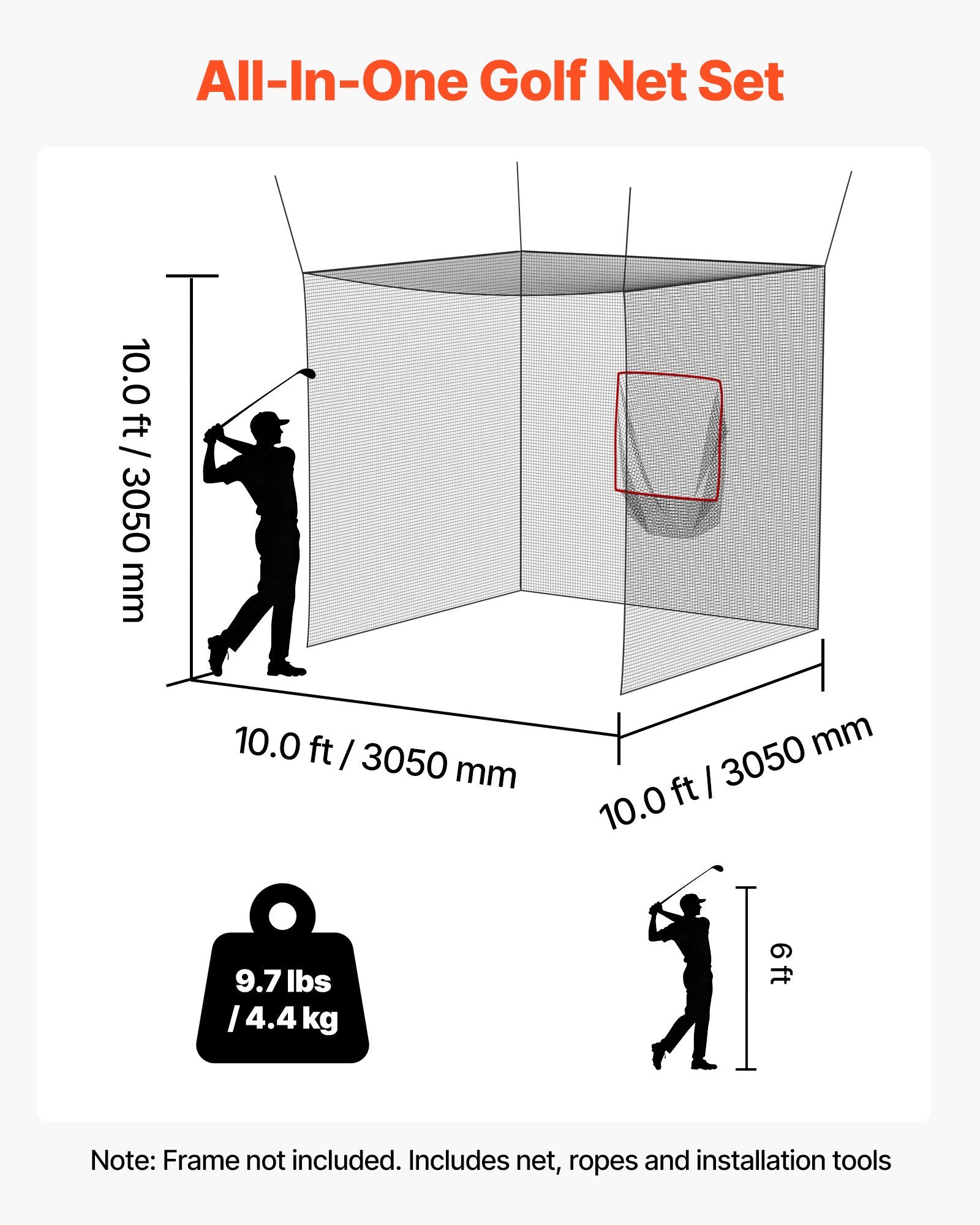 10x10x10 FT Golf & Baseball Batting Cage, Durable Knotless Polyester Net, Indoor/Outdoor Driving & Hitting Practice with Targets