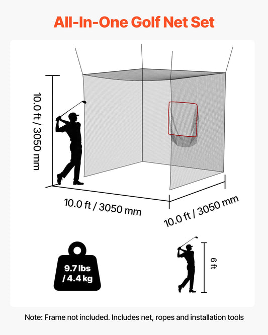 10x10x10 FT Golf & Baseball Batting Cage, Durable Knotless Polyester Net, Indoor/Outdoor Driving & Hitting Practice with Targets