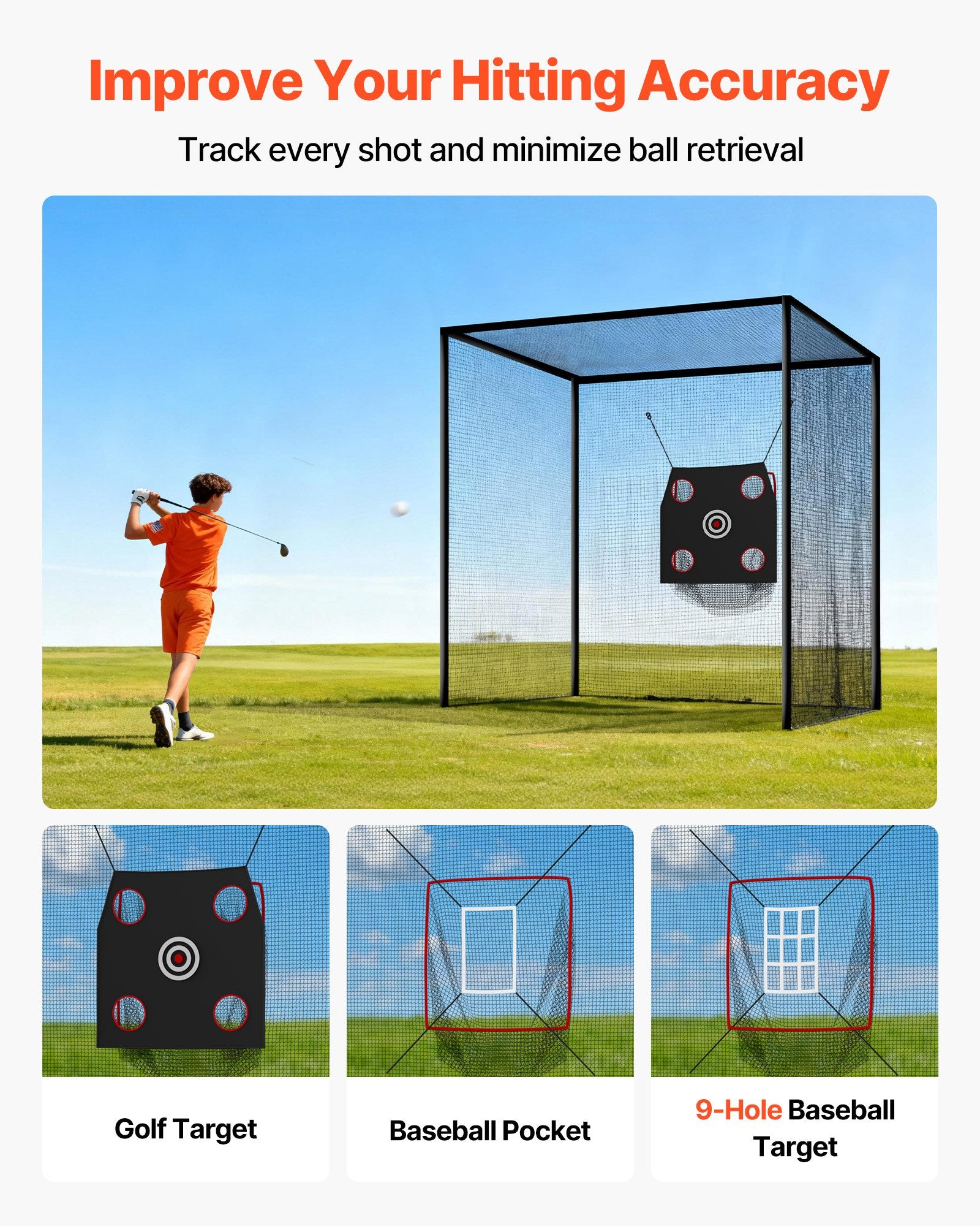 10x10x10 FT Golf & Baseball Batting Cage, Durable Knotless Polyester Net, Indoor/Outdoor Driving & Hitting Practice with Targets