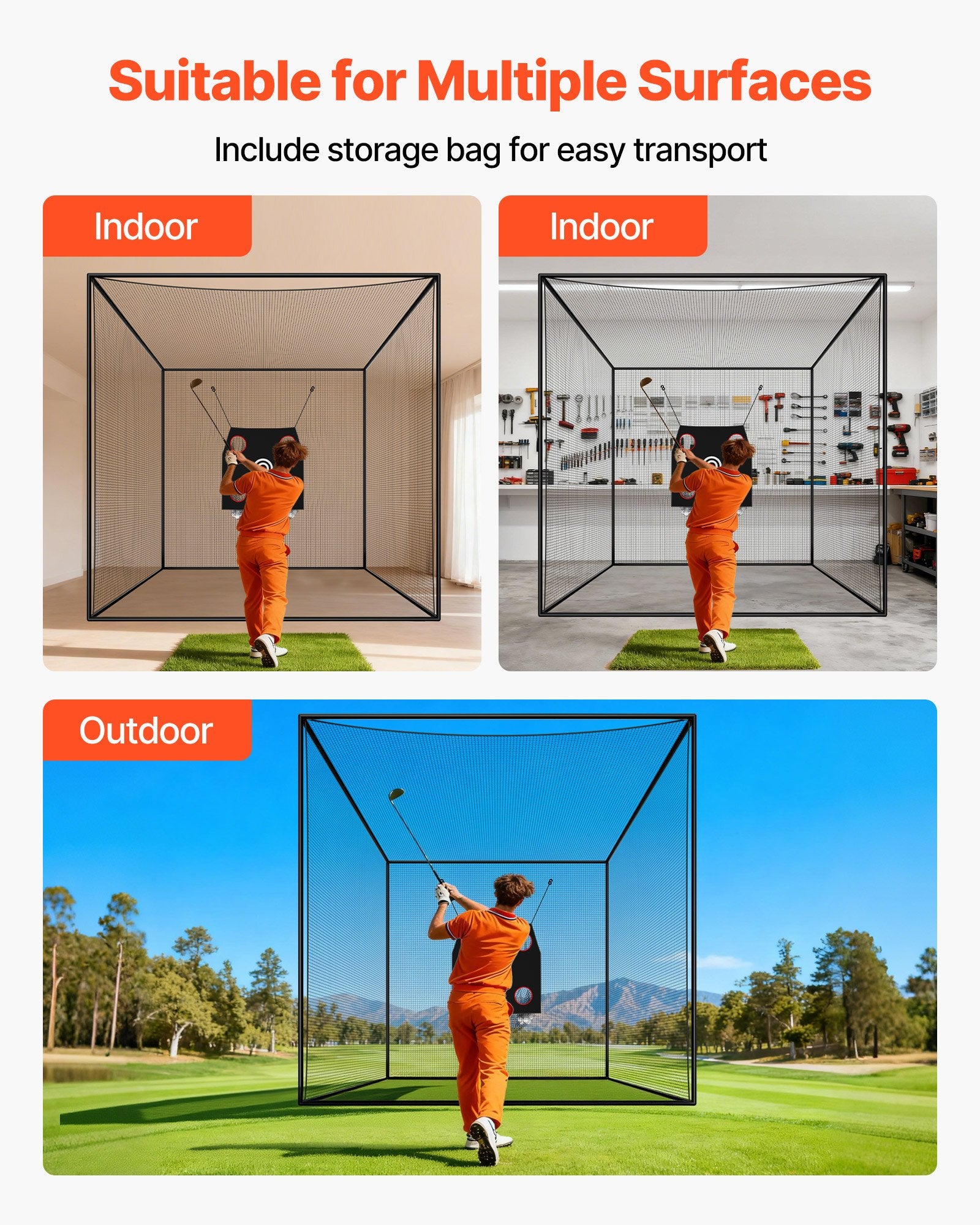 10x10x10 FT Golf & Baseball Batting Cage, Durable Knotless Polyester Net, Indoor/Outdoor Driving & Hitting Practice with Targets