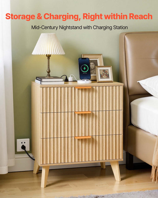 Mid-Century Modern Khaki Nightstand with Charging Station & 3 Drawers - Bedroom & Living Room Dresser, Bedside Storage Cabinet, End Table with Power Outlets