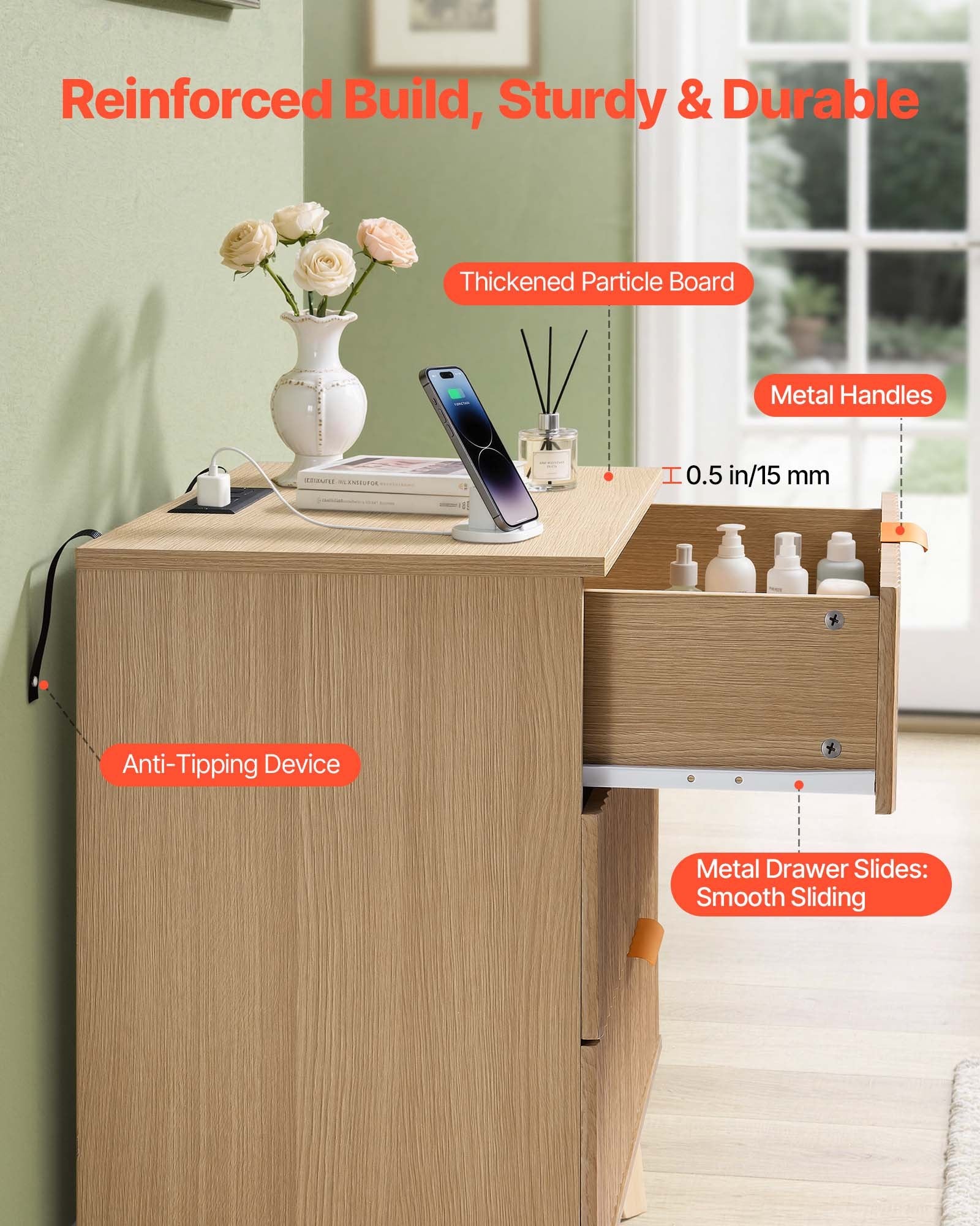 Mid-Century Modern Khaki Nightstand with Charging Station & 3 Drawers - Bedroom & Living Room Dresser, Bedside Storage Cabinet, End Table with Power Outlets