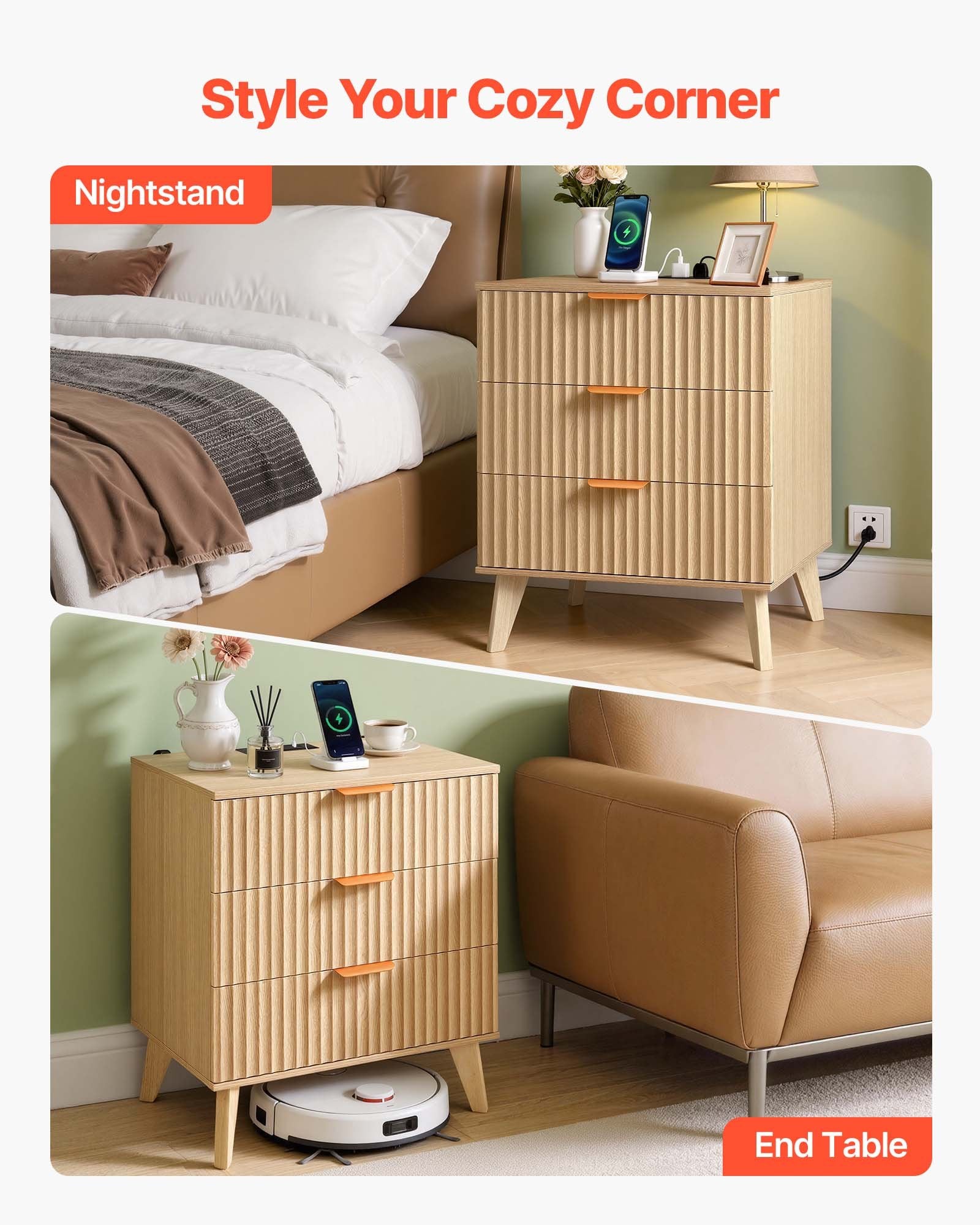 Mid-Century Modern Khaki Nightstand with Charging Station & 3 Drawers - Bedroom & Living Room Dresser, Bedside Storage Cabinet, End Table with Power Outlets