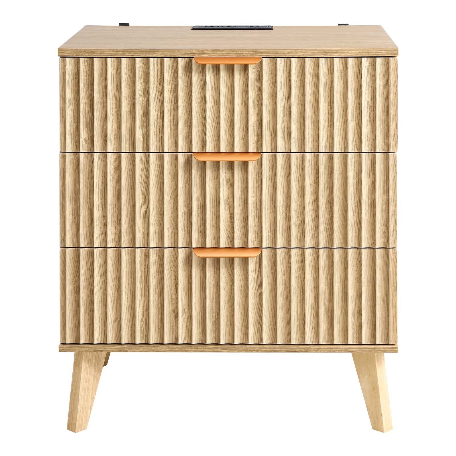 Mid-Century Modern Khaki Nightstand with Charging Station & 3 Drawers - Bedroom & Living Room Dresser, Bedside Storage Cabinet, End Table with Power Outlets