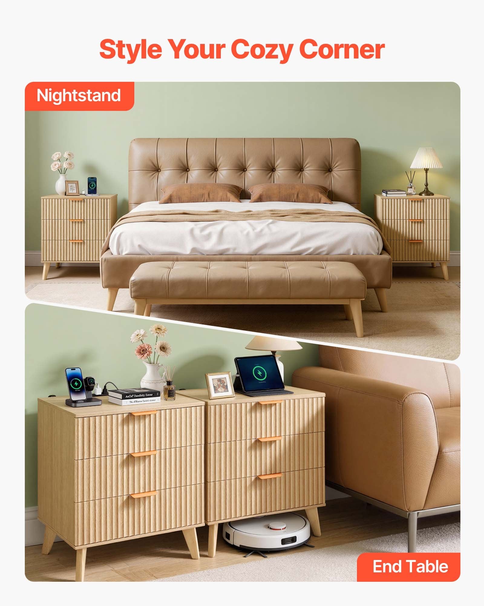 Mid-Century Modern Nightstand Set of 2, Fluted Dresser with 3 Drawers, Charging Station, Bedside Cabinet for Bedroom & Living Room, Khaki
