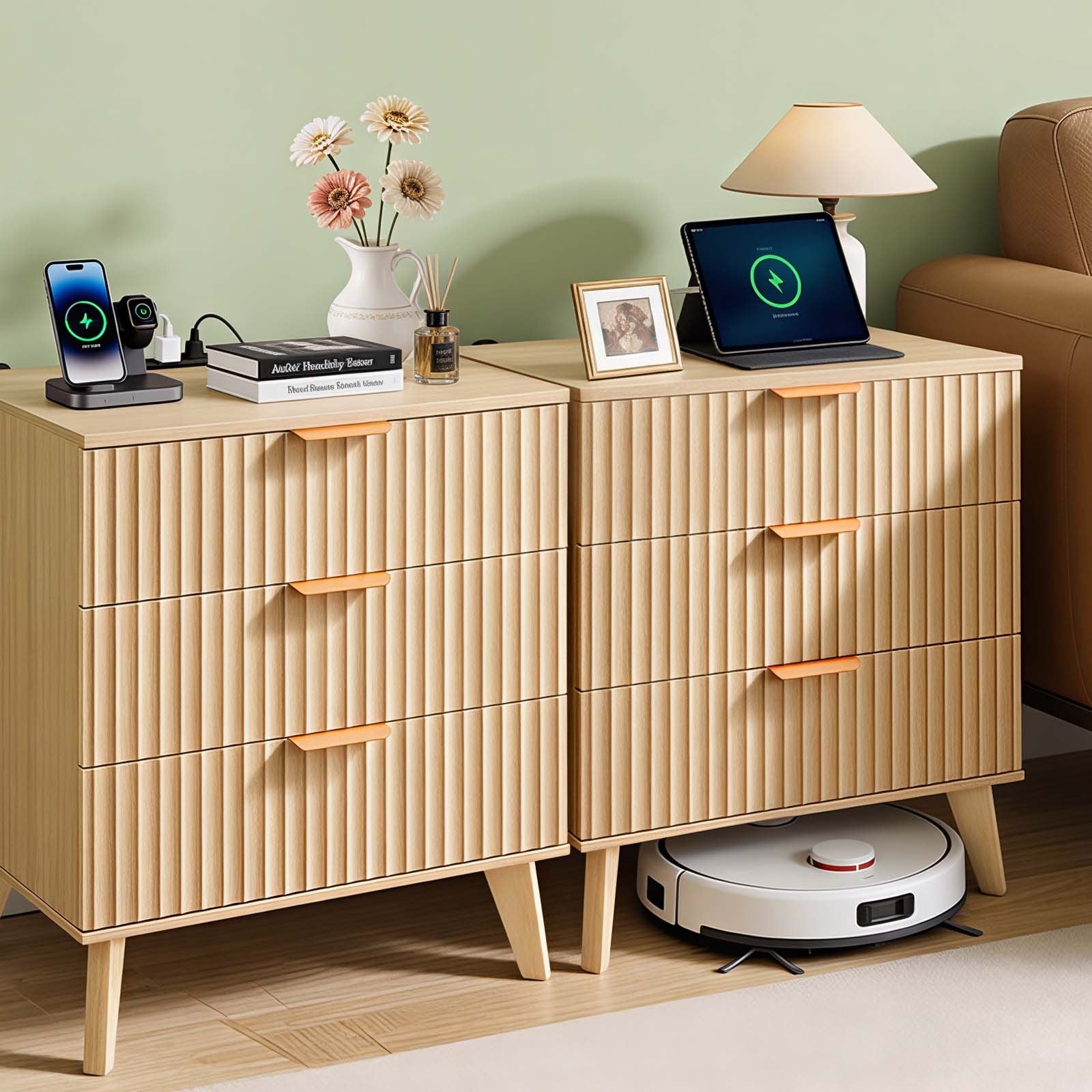 Mid-Century Modern Nightstand Set of 2, Fluted Dresser with 3 Drawers, Charging Station, Bedside Cabinet for Bedroom & Living Room, Khaki