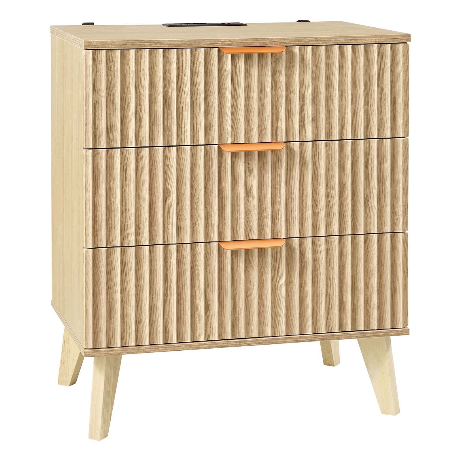 Mid-Century Modern Nightstand Set of 2, Fluted Dresser with 3 Drawers, Charging Station, Bedside Cabinet for Bedroom & Living Room, Khaki