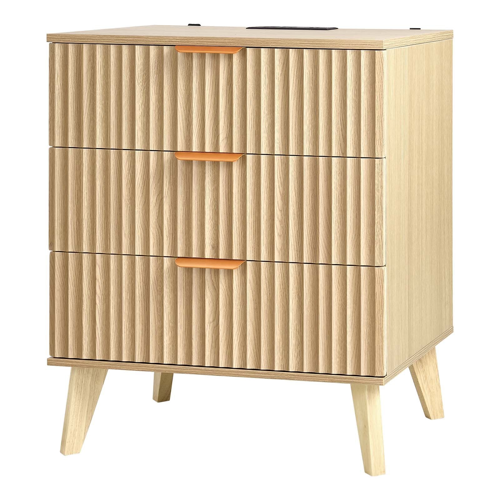 Mid-Century Modern Nightstand Set of 2, Fluted Dresser with 3 Drawers, Charging Station, Bedside Cabinet for Bedroom & Living Room, Khaki