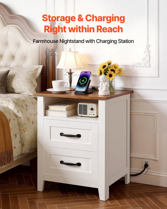 Set of 2 Farmhouse Nightstands with USB Charging Station, Dual Drawers, Open Shelf, Rustic Bedside Tables for Bedroom & Living Room, White