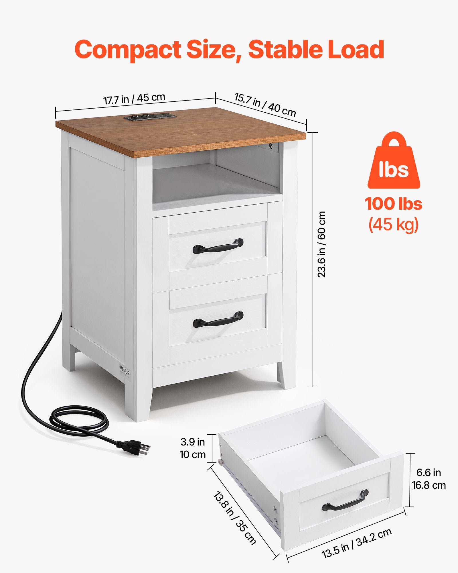Set of 2 Farmhouse Nightstands with USB Charging Station, Dual Drawers, Open Shelf, Rustic Bedside Tables for Bedroom & Living Room, White