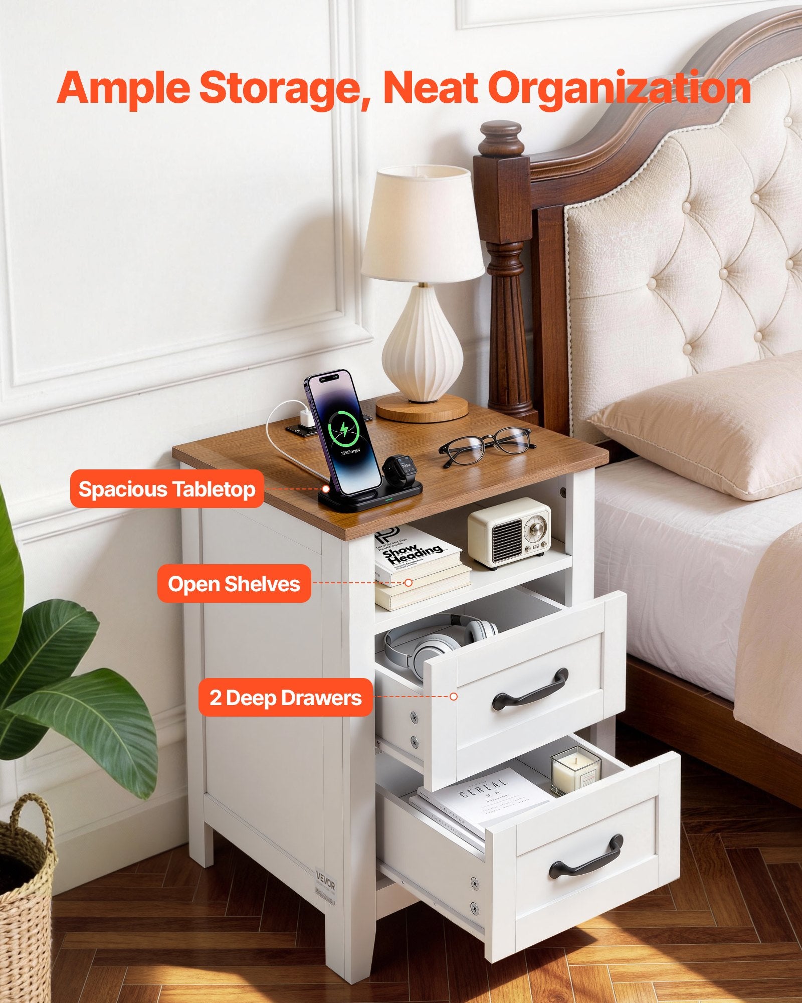 Set of 2 Farmhouse Nightstands with USB Charging Station, Dual Drawers, Open Shelf, Rustic Bedside Tables for Bedroom & Living Room, White
