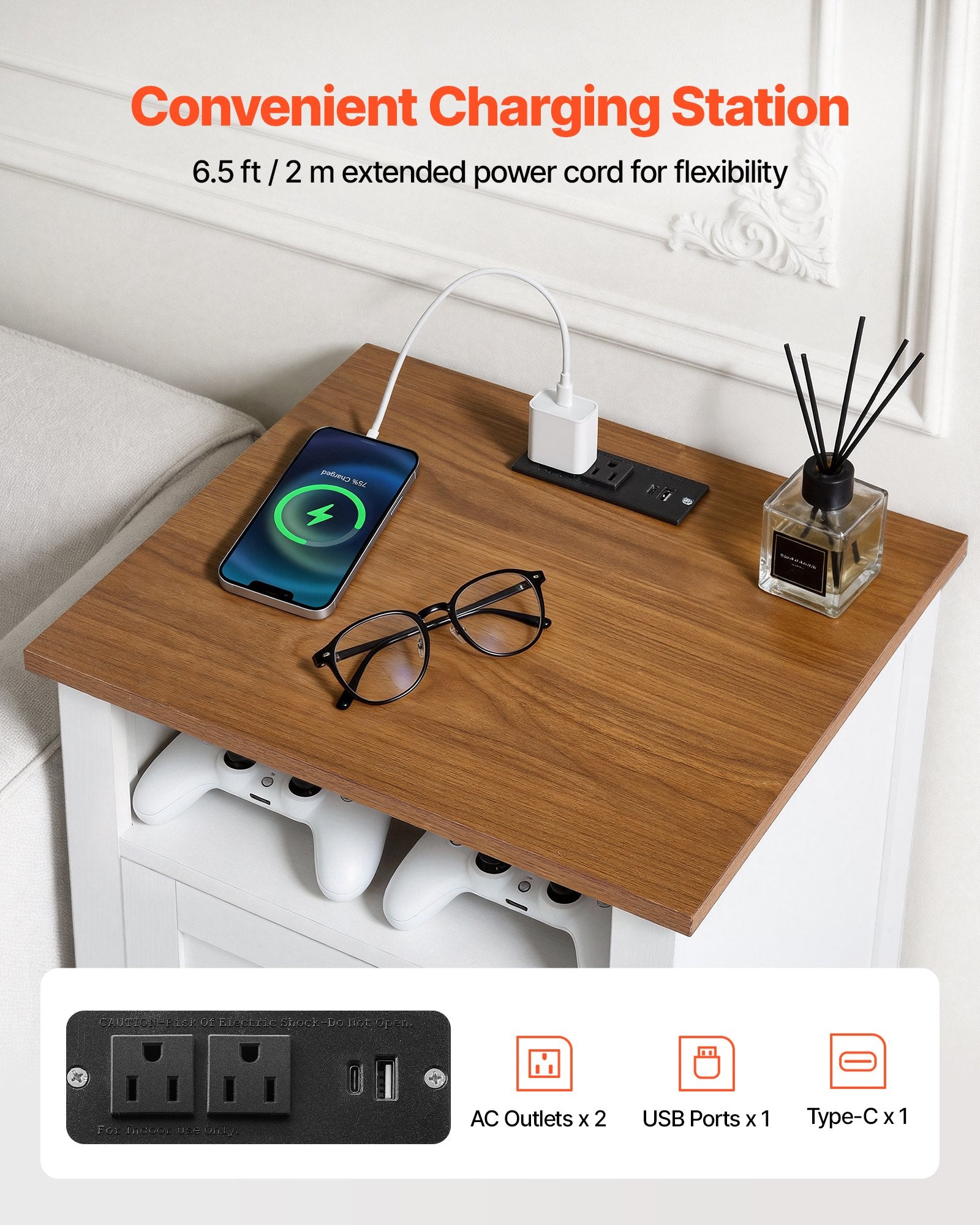 Set of 2 Farmhouse Nightstands with USB Charging Station, Dual Drawers, Open Shelf, Rustic Bedside Tables for Bedroom & Living Room, White