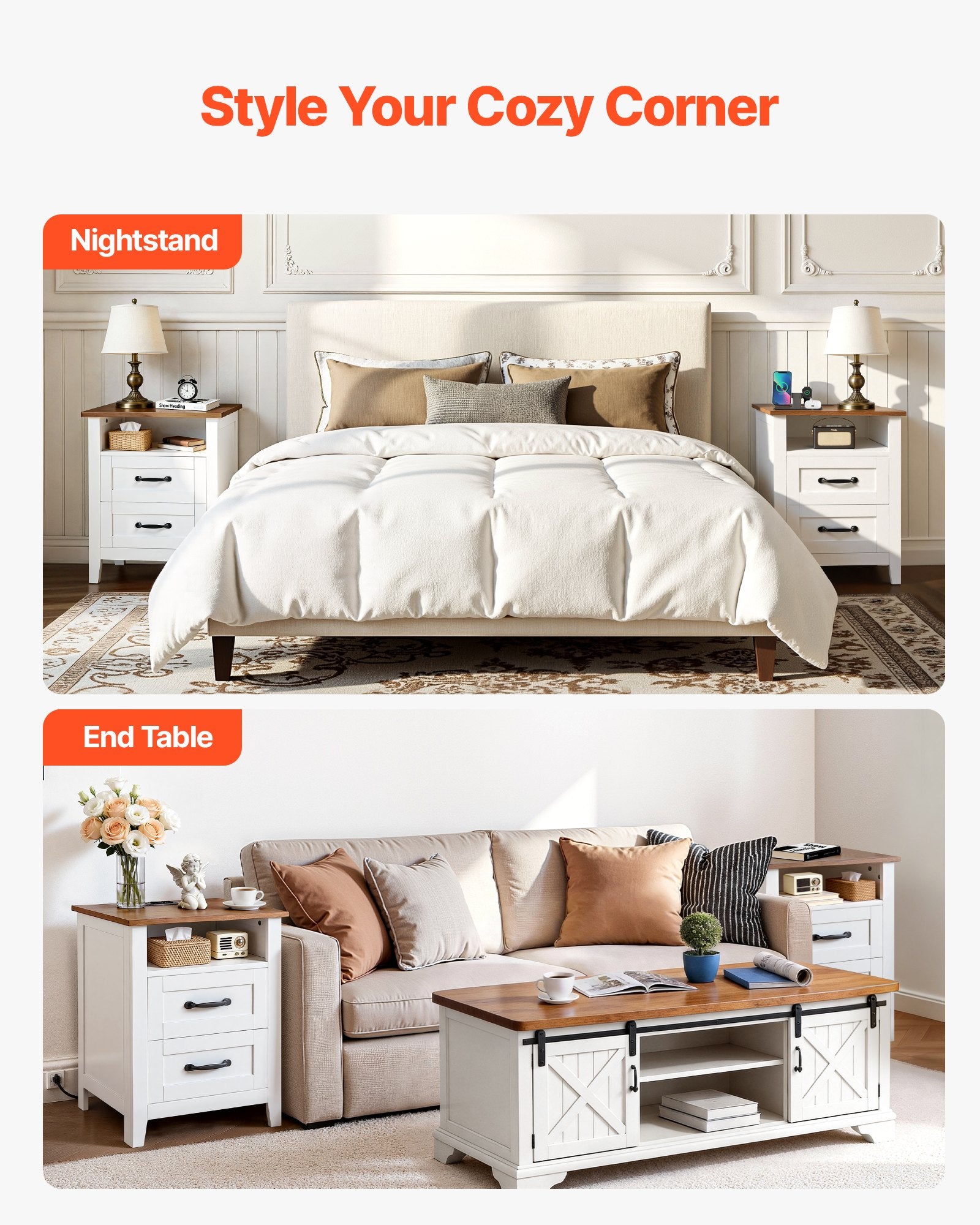 Set of 2 Farmhouse Nightstands with USB Charging Station, Dual Drawers, Open Shelf, Rustic Bedside Tables for Bedroom & Living Room, White
