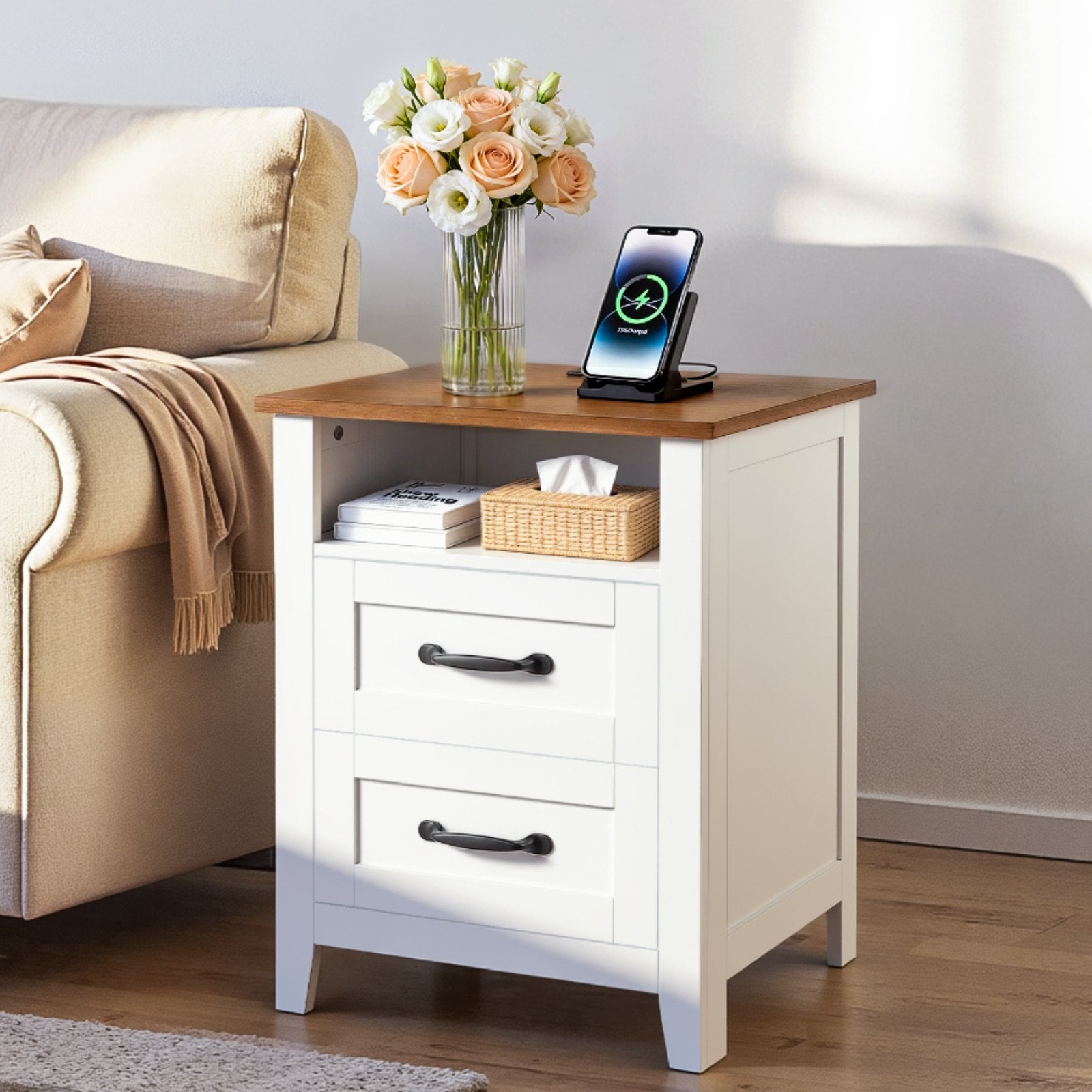 Set of 2 Farmhouse Nightstands with USB Charging Station, Dual Drawers, Open Shelf, Rustic Bedside Tables for Bedroom & Living Room, White