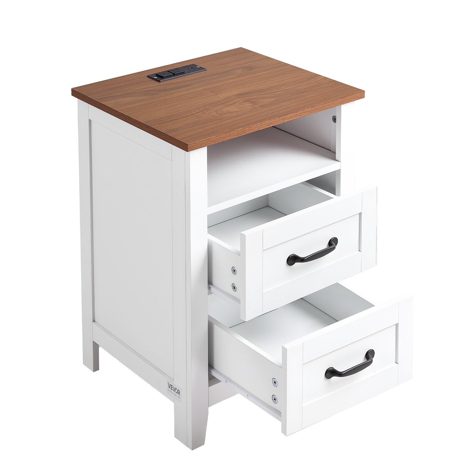Set of 2 Farmhouse Nightstands with USB Charging Station, Dual Drawers, Open Shelf, Rustic Bedside Tables for Bedroom & Living Room, White