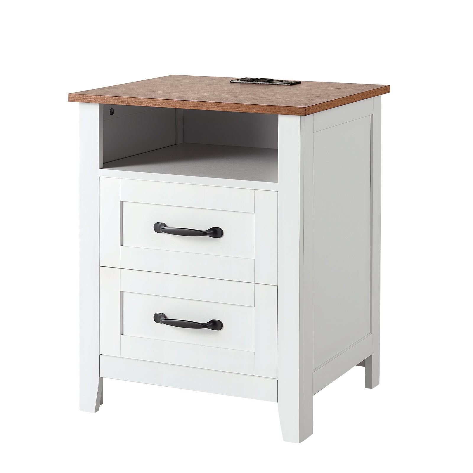 Set of 2 Farmhouse Nightstands with USB Charging Station, Dual Drawers, Open Shelf, Rustic Bedside Tables for Bedroom & Living Room, White