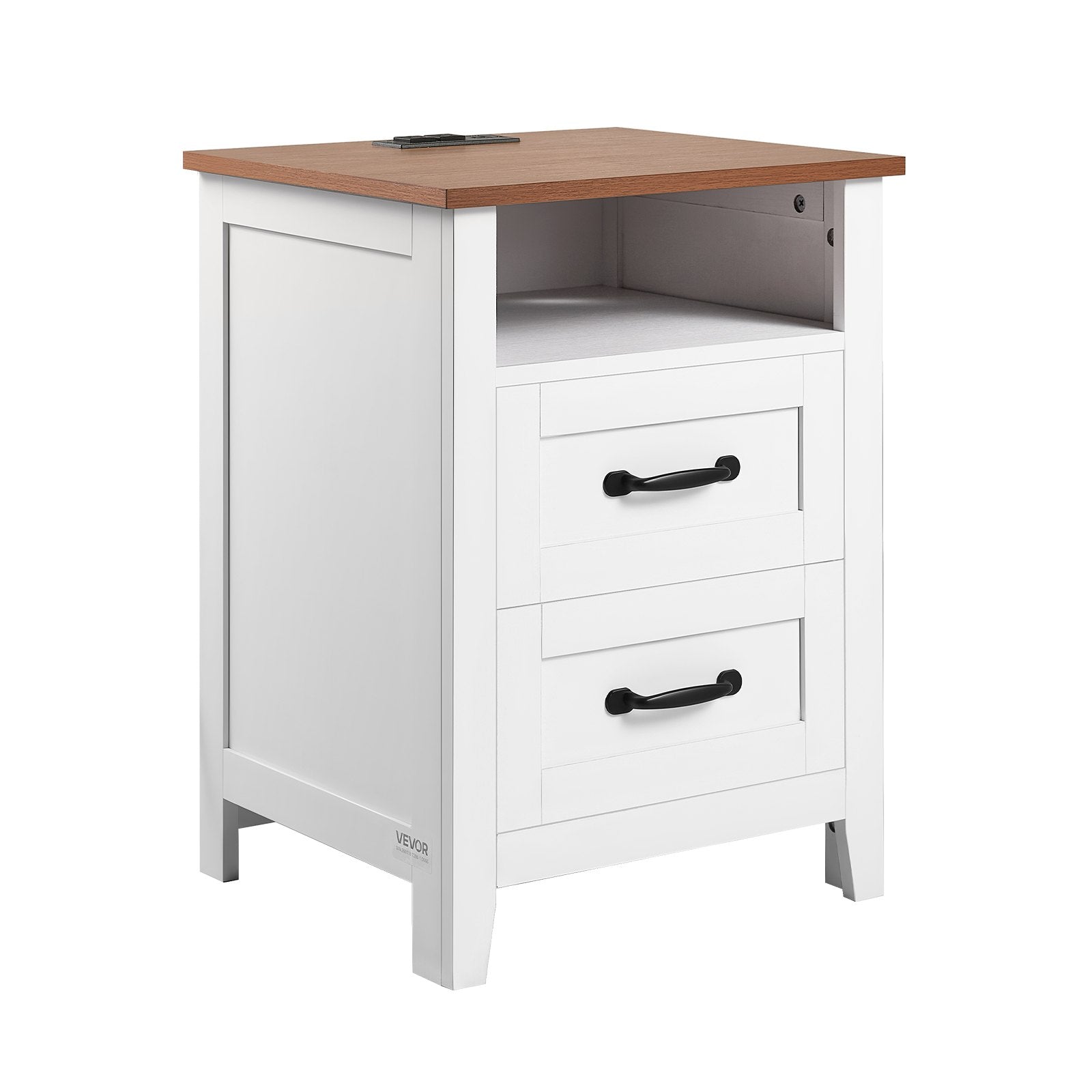 Set of 2 Farmhouse Nightstands with USB Charging Station, Dual Drawers, Open Shelf, Rustic Bedside Tables for Bedroom & Living Room, White