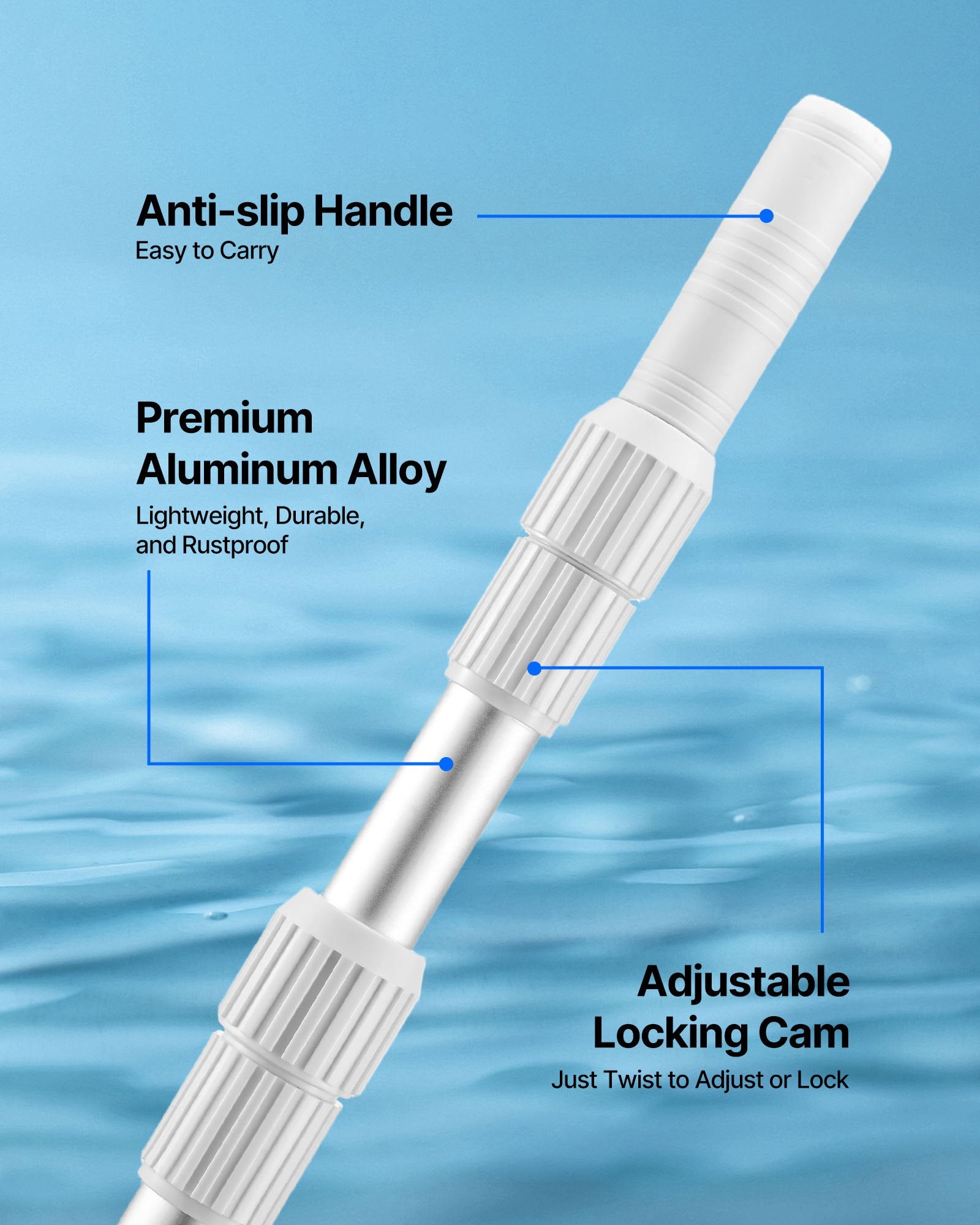 Title: Heavy Duty Telescopic Pool Pole with 2 Extensions, Adjustable 3.4-15 Ft for Skimmer Net, Brush, Vacuum Head, Aluminum Alloy Cleaning Stick