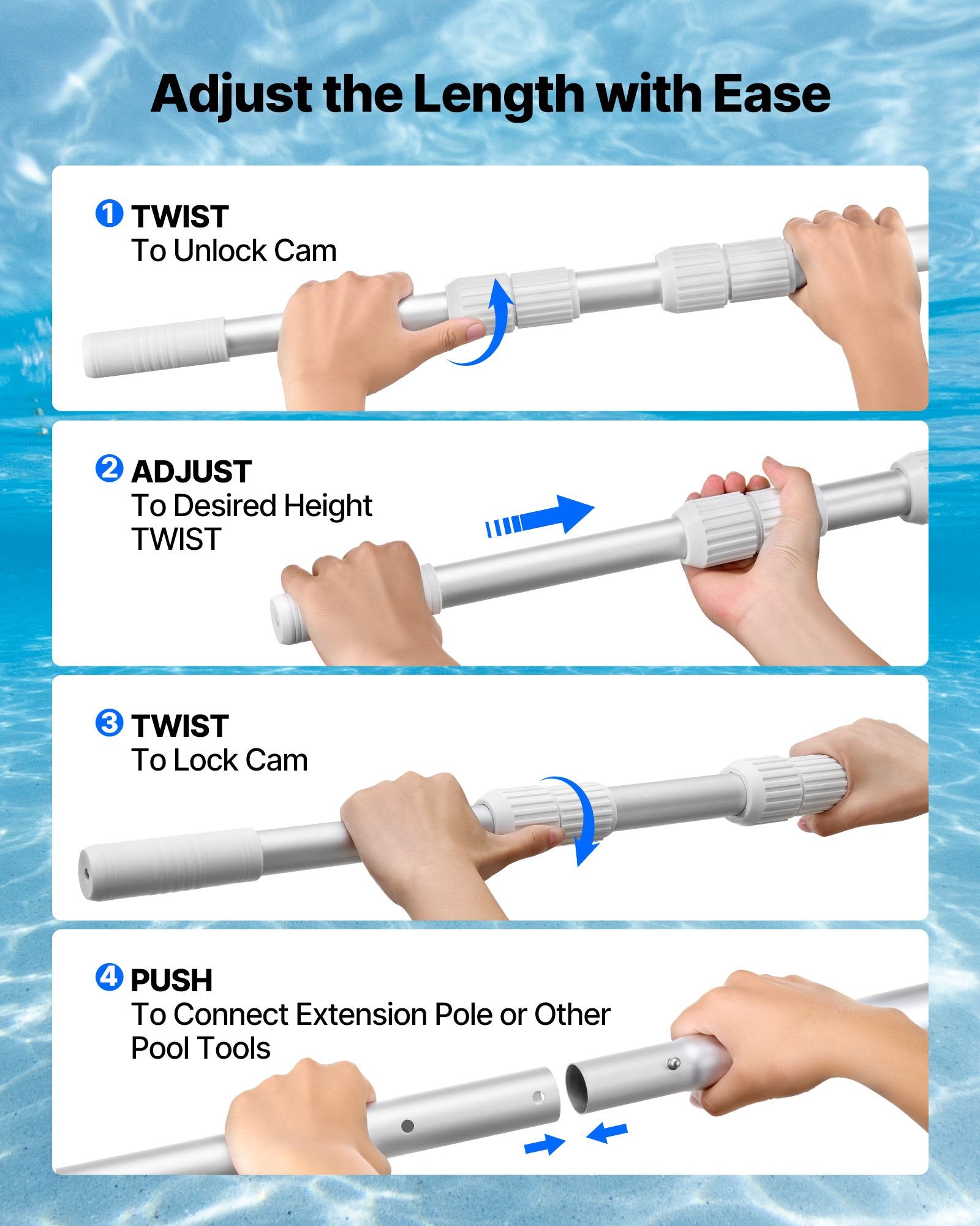 Title: Heavy Duty Telescopic Pool Pole with 2 Extensions, Adjustable 3.4-15 Ft for Skimmer Net, Brush, Vacuum Head, Aluminum Alloy Cleaning Stick