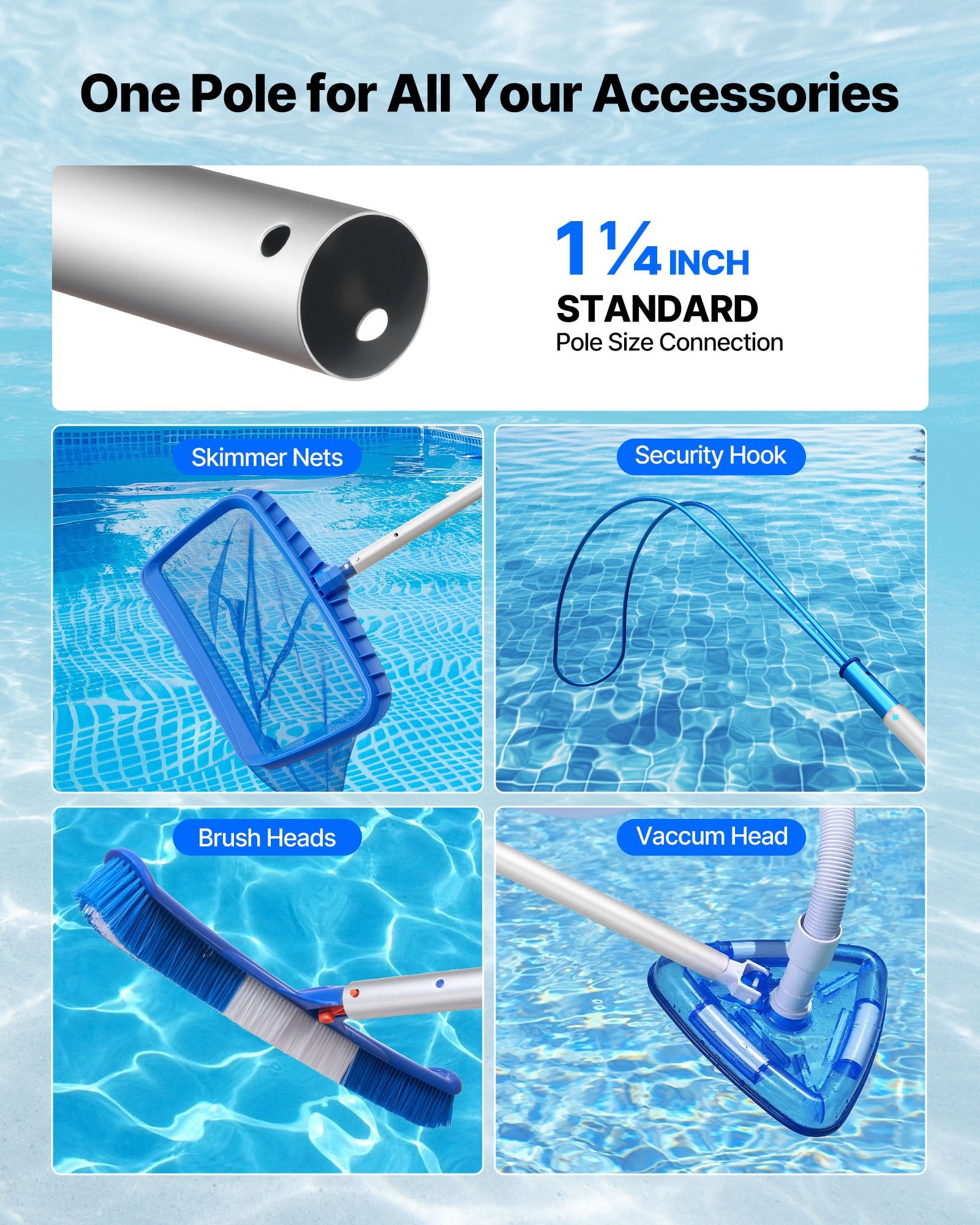 Title: Heavy Duty Telescopic Pool Pole with 2 Extensions, Adjustable 3.4-15 Ft for Skimmer Net, Brush, Vacuum Head, Aluminum Alloy Cleaning Stick