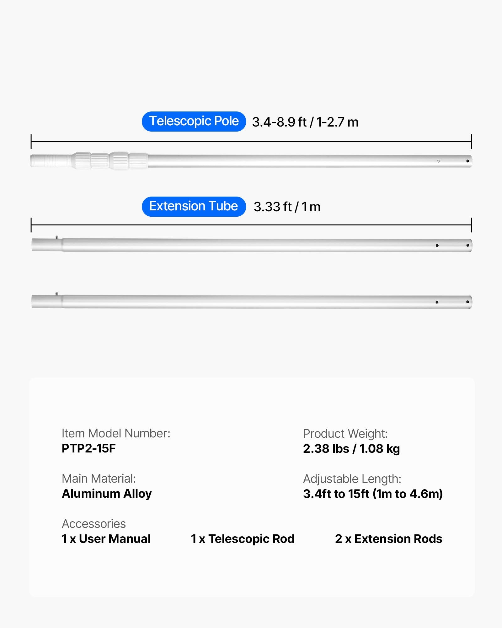 Title: Heavy Duty Telescopic Pool Pole with 2 Extensions, Adjustable 3.4-15 Ft for Skimmer Net, Brush, Vacuum Head, Aluminum Alloy Cleaning Stick
