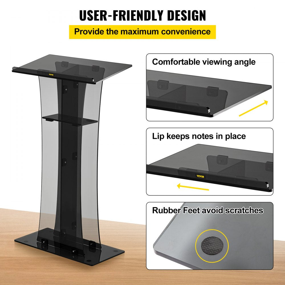 VEVOR Acrylic Pulpit, 47" Tall, Clear Podium Stand w/ Wide Reading Surface & Storage Shelf, Floor-Standing Plexiglass Lectern for Church Office School, Black