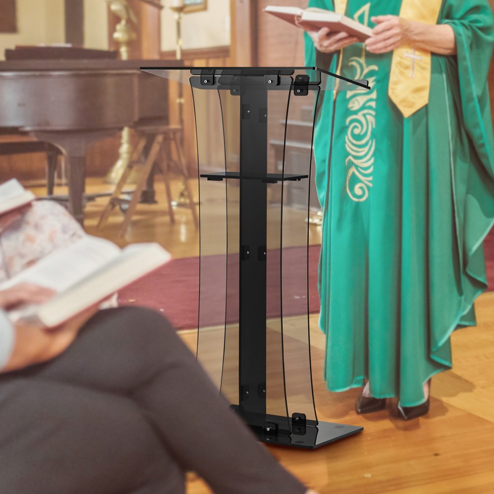 VEVOR Acrylic Pulpit, 47" Tall, Clear Podium Stand w/ Wide Reading Surface & Storage Shelf, Floor-Standing Plexiglass Lectern for Church Office School, Black