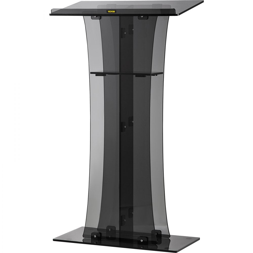 VEVOR Acrylic Pulpit, 47" Tall, Clear Podium Stand w/ Wide Reading Surface & Storage Shelf, Floor-Standing Plexiglass Lectern for Church Office School, Black