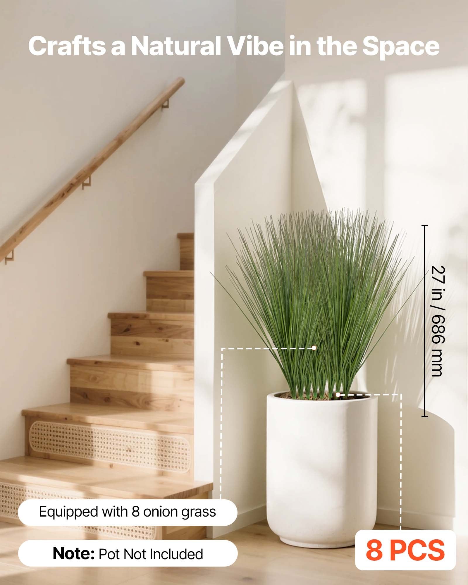 27" Faux Onion Grass Shrubs - Premium PVC Artificial Greenery for Indoor/Outdoor Home, Office, Garden Decor - 8 Pack