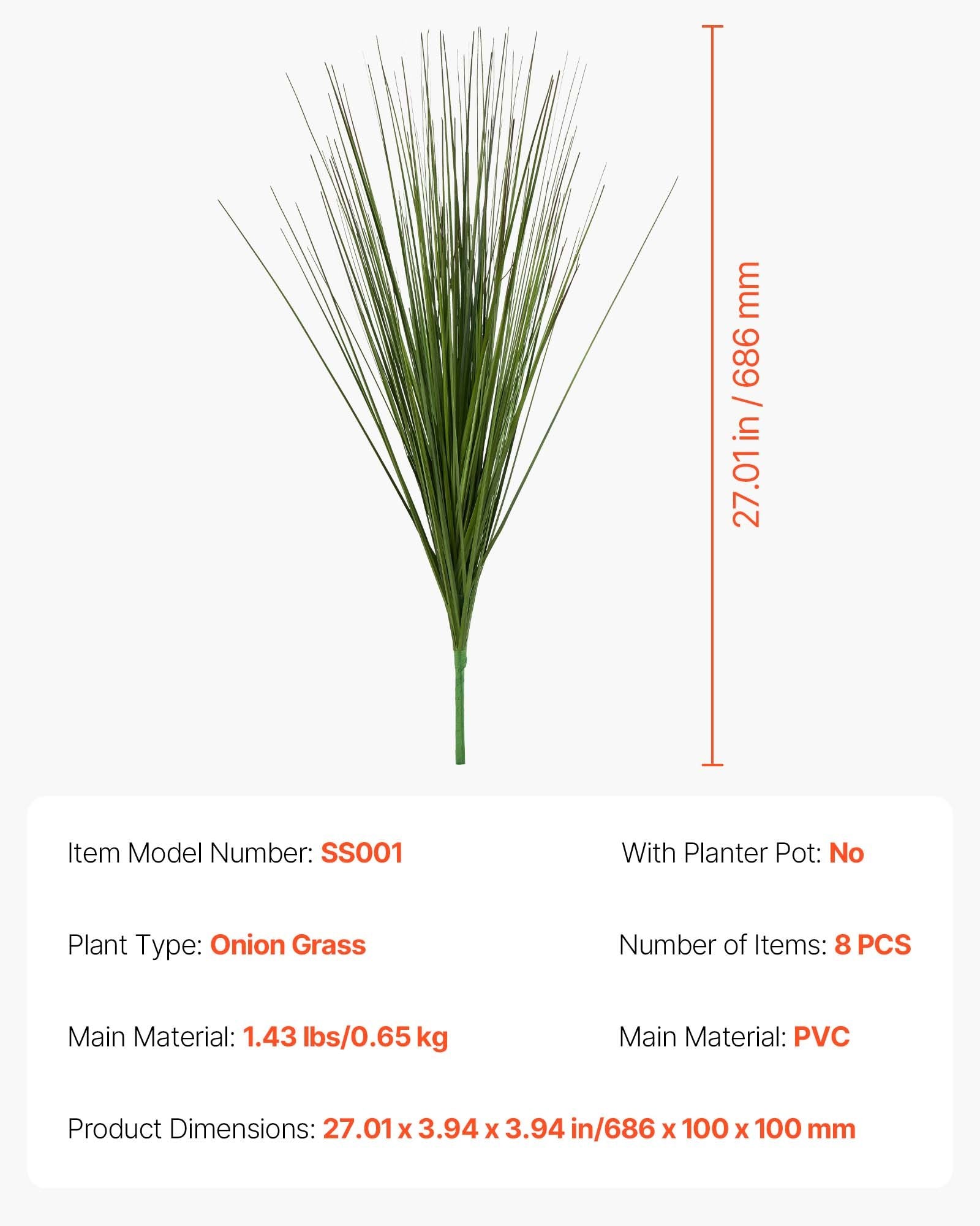 27" Faux Onion Grass Shrubs - Premium PVC Artificial Greenery for Indoor/Outdoor Home, Office, Garden Decor - 8 Pack