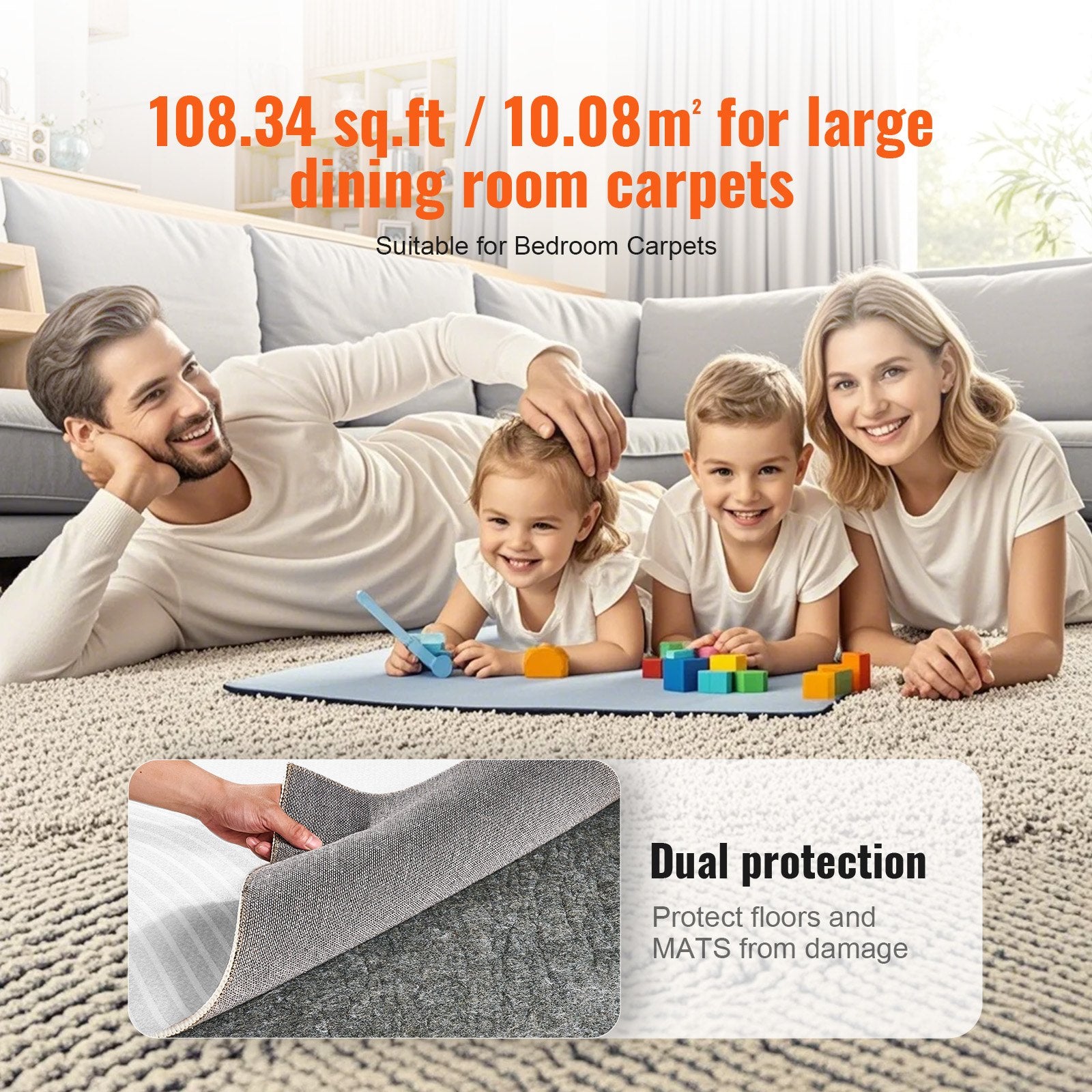 9' x 12' Gray Polyester Felt Rug Pad - Thick Cushioning, Protective Carpet Padding for All Floors, Premium Comfort, Anti-Slip, Soft Underfoot, Durable Carpet Cushion, 1/2" Thick, Multi-Sized Options Available