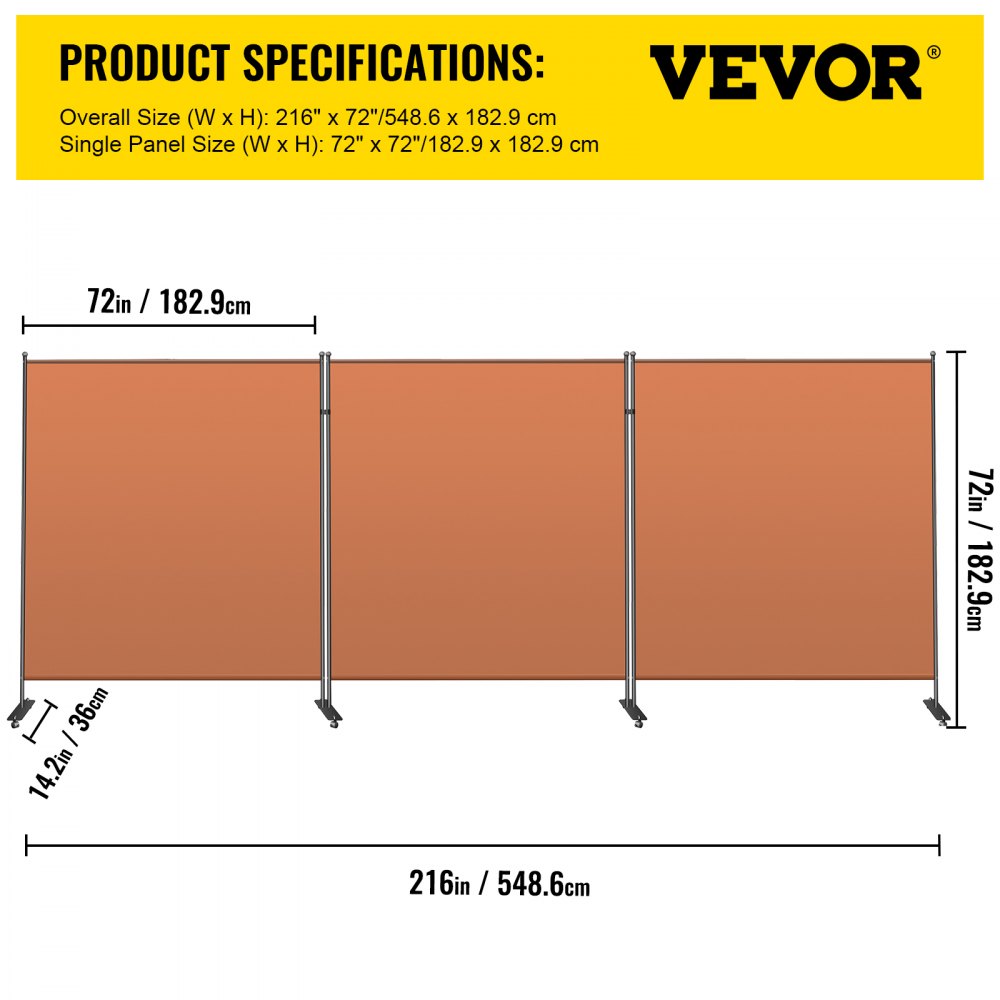 VEVOR Office Partition Room Divider Wall 216"x72" 3-Panel Office Divider Orange