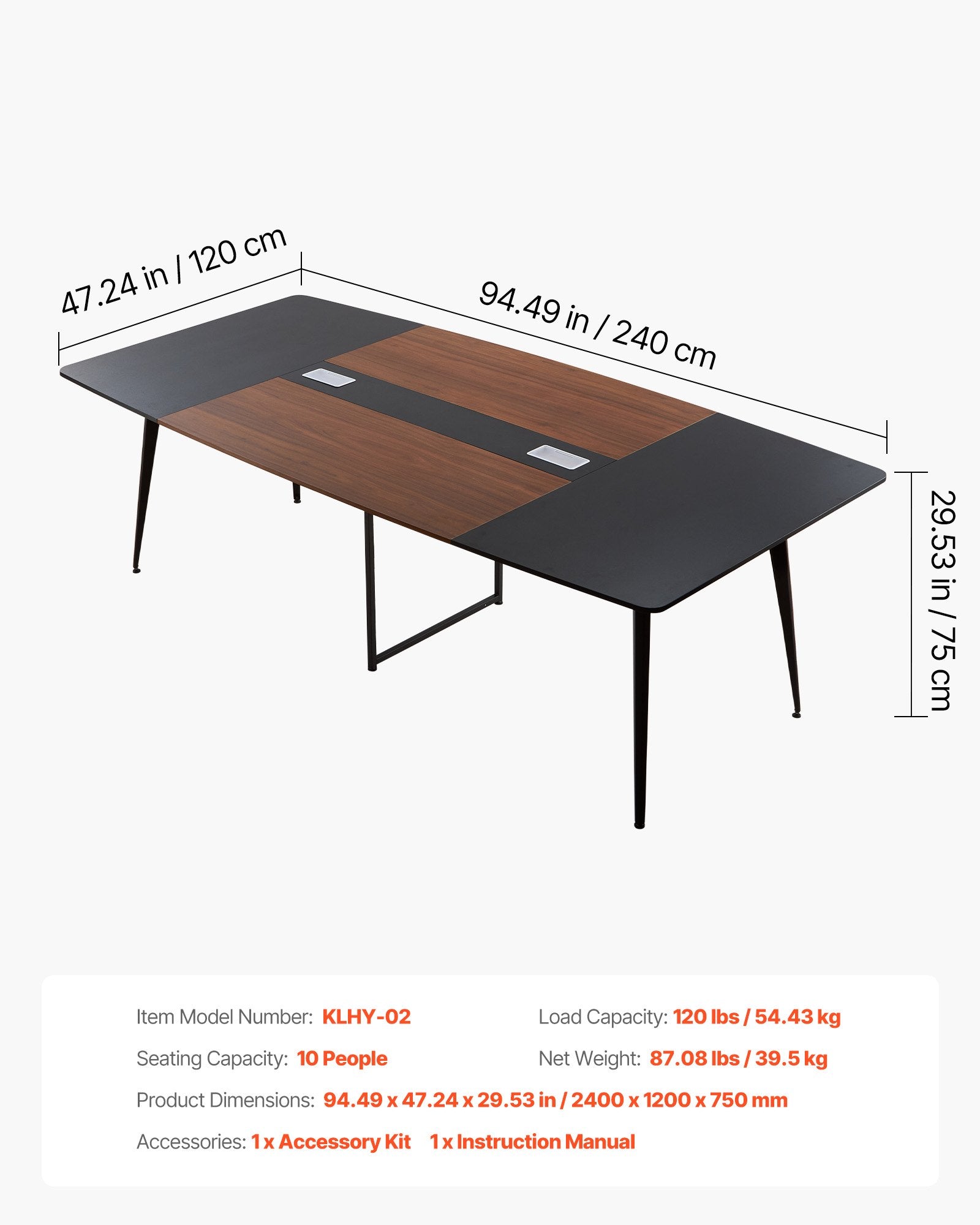 8 ft Boat Shaped Conference Table for 10, Modern Meeting Desk with Metal Legs, Easy Assembly, Office, Boardroom, Conference Room Furniture