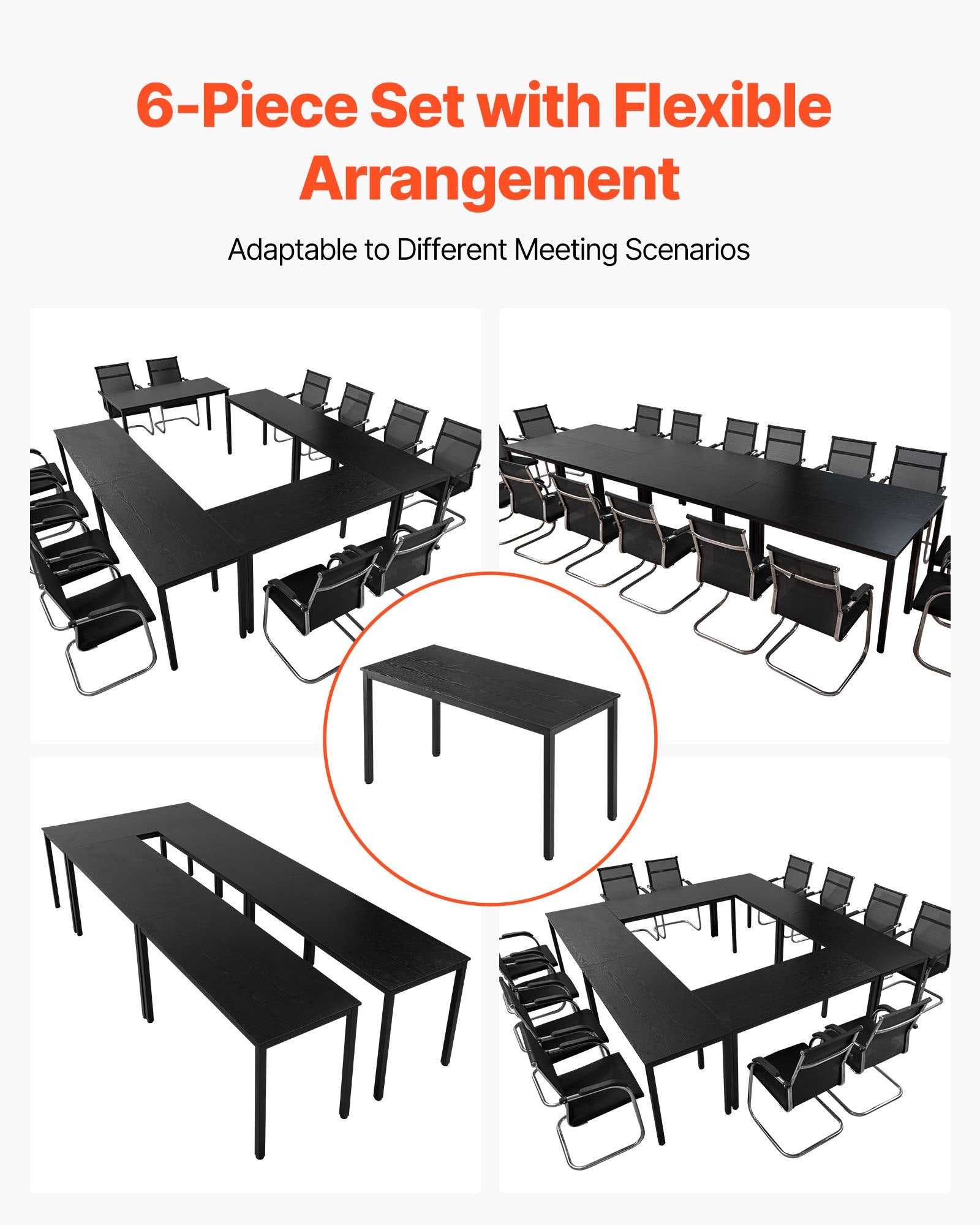 Flexible 6-Piece Conference Table Set for 16 - Modern Rectangle Meeting Desk with Metal Legs, Easy Assembly, Office & Conference Room Use