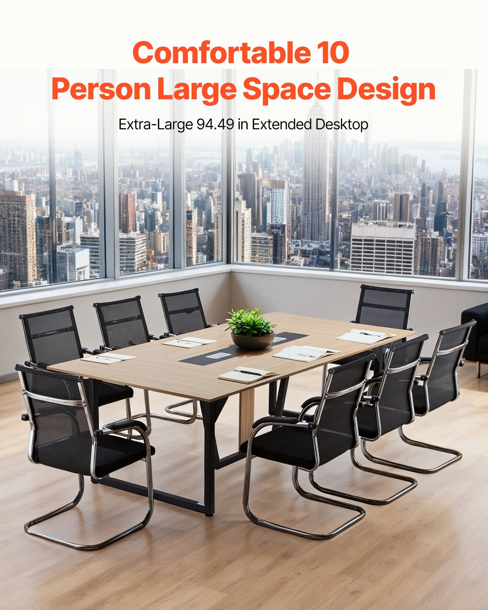 8 ft Modern Conference Table with Metal Legs, Seats 10, Ideal for Office, Boardroom, Easy Assembly, Large Seminar Desk, Brown
