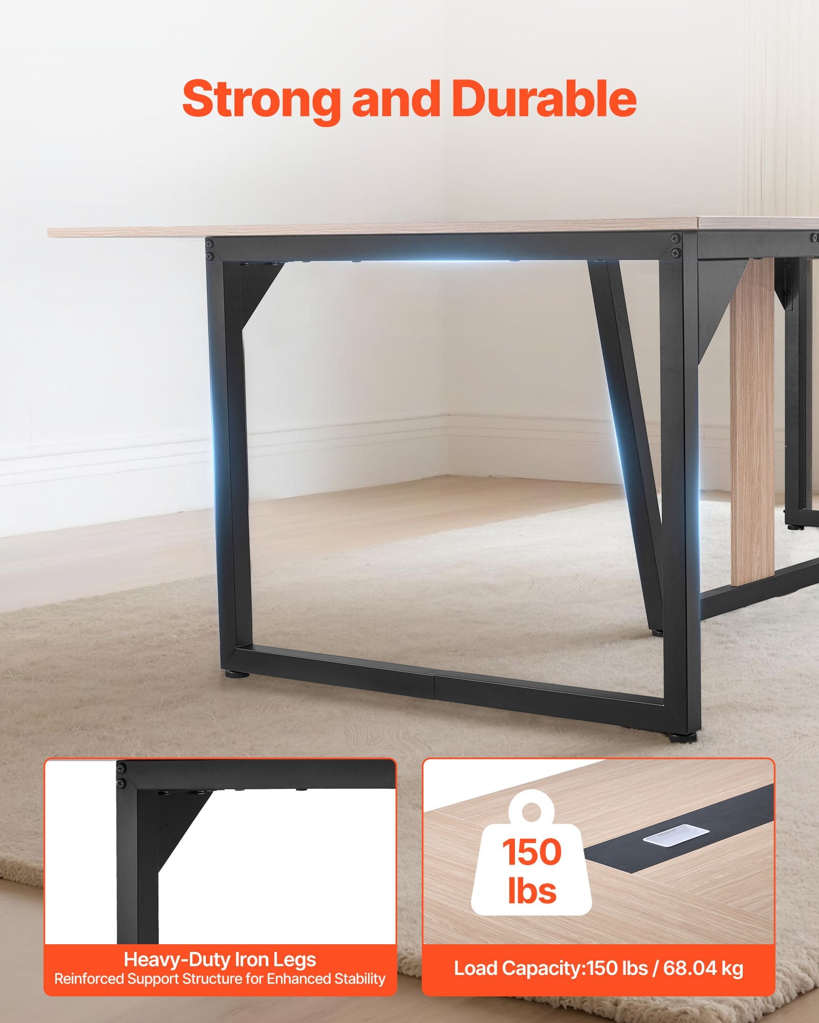 8 ft Modern Conference Table with Metal Legs, Seats 10, Ideal for Office, Boardroom, Easy Assembly, Large Seminar Desk, Brown