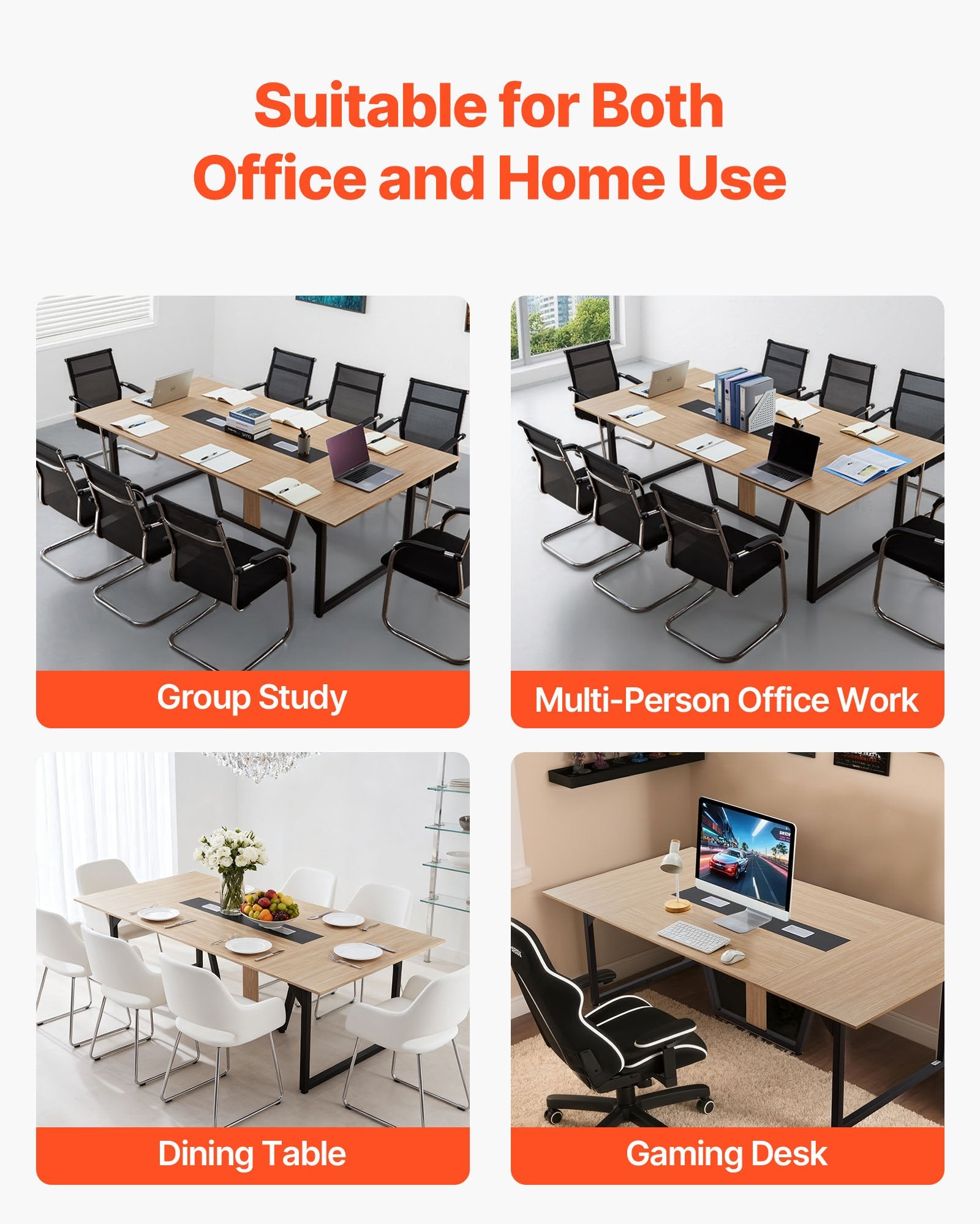 8 ft Modern Conference Table with Metal Legs, Seats 10, Ideal for Office, Boardroom, Easy Assembly, Large Seminar Desk, Brown